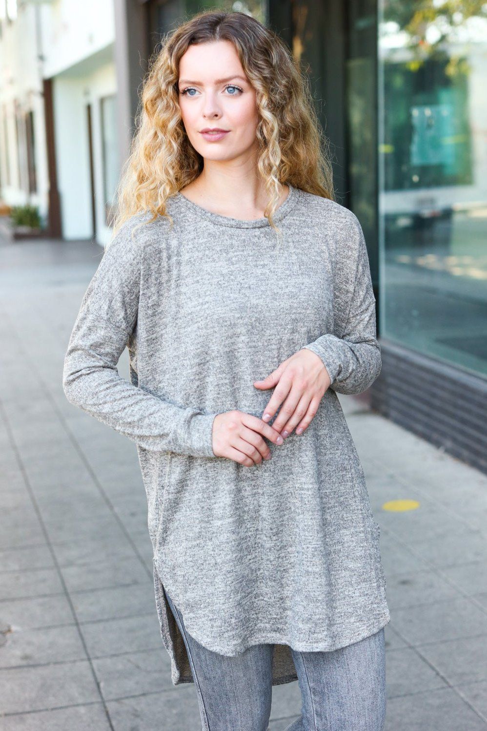Women's Casual Grey Two-Tone Tunic Top with Side Slits - Soft Pullover Sweater for Everyday Wear, Office & Weekend Outfits