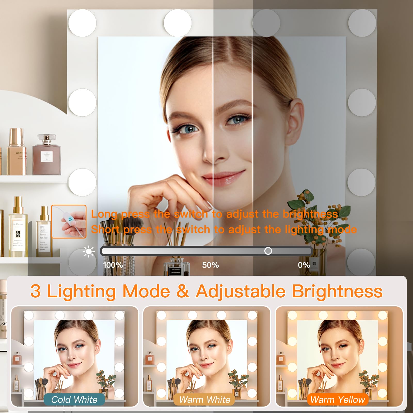 Quimoo 10-Light Makeup Vanity Desk with LED Mirror, 4 Drawers & USB Charging Station - White Vanity Set with Cushioned Stool for Bedroom, Dressing Room & Beauty Salon