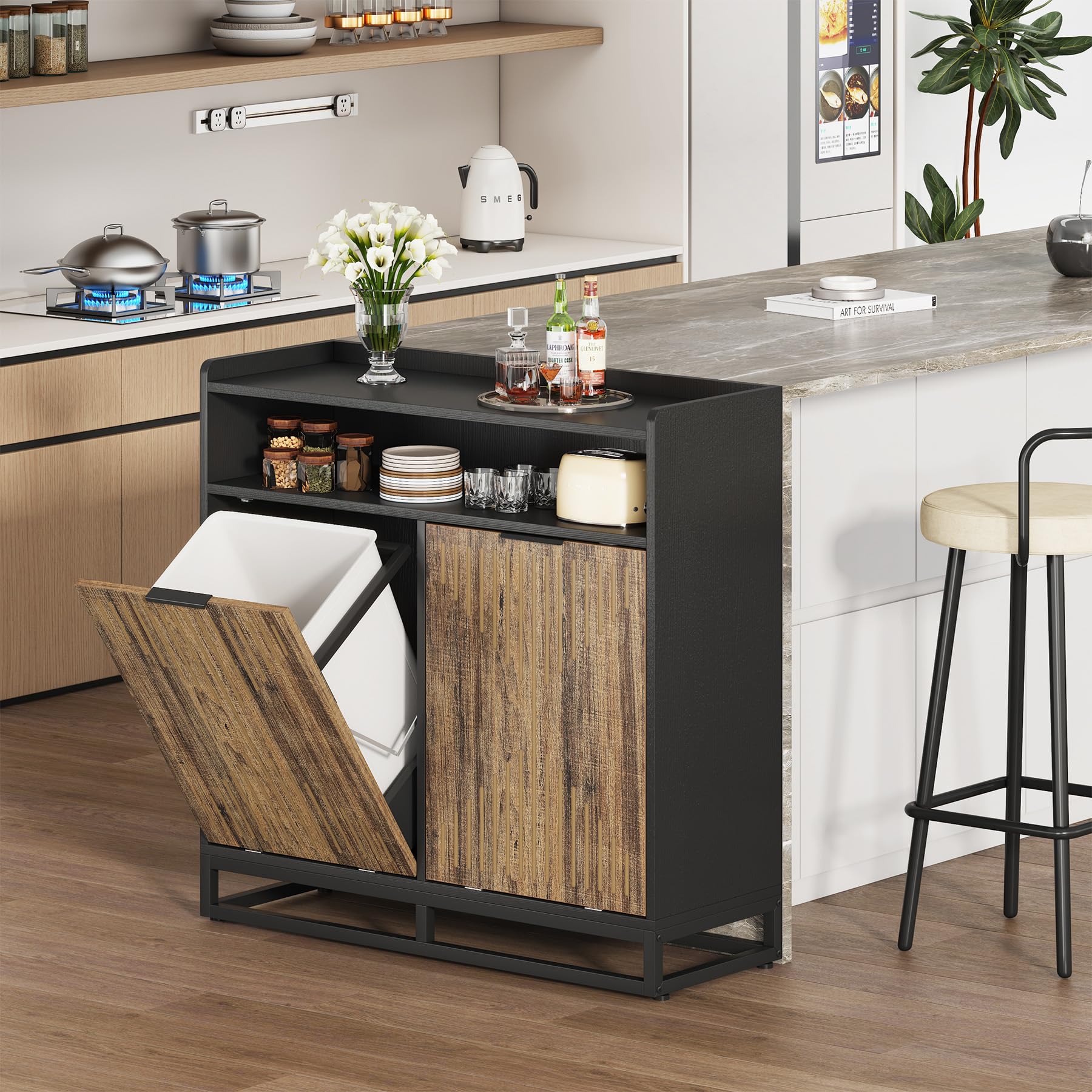 Double Tilt Out Trash Cabinet - 20 Gallon Modern Farmhouse Freestanding Storage Bin for Kitchen, Laundry & Dining Room - Brown & Black Recycling Cabinet (Trash Can Not Included) | Perfect for Waste Management & Home Organization