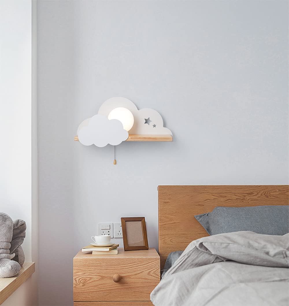 LITFAD Modern LED Wall Sconce Light - Cute Sun & Cloud Design with Pull Chain & Shelf, White Metal Wall Lamp for Girls Bedroom, Kids Room, Hotel Corridor & Stairway - Perfect for Night Light, Nursery Decor & Cozy Ambiance