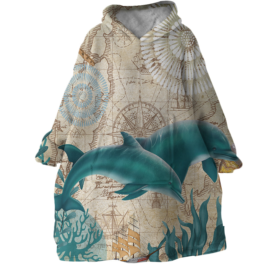 Cozy Dolphin Love Wearable Blanket Hoodie - Soft Fleece Hooded Blanket for Adults & Kids - Perfect for Lounging, Camping, and Movie Nights