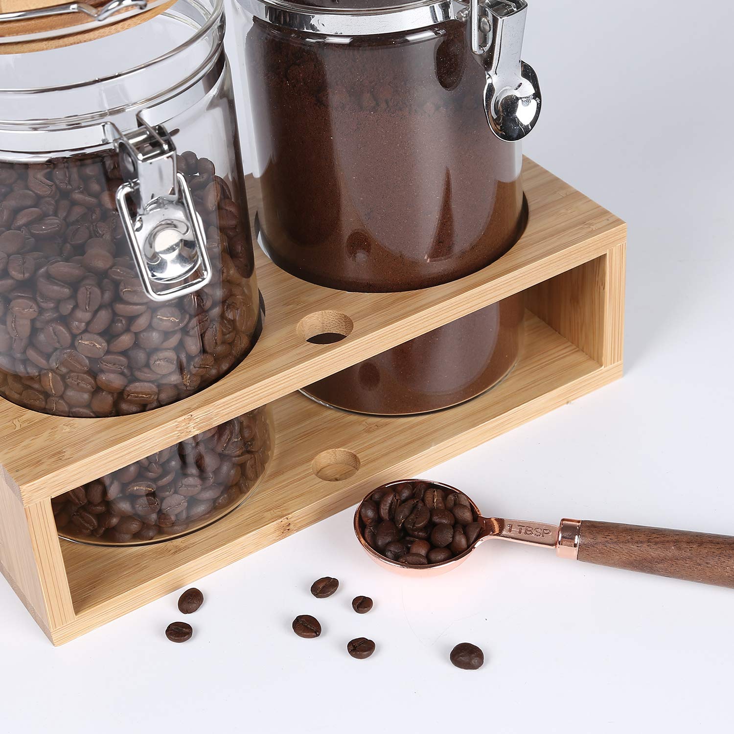 KKC HOME ACCENTS Airtight Glass Food Storage Jars with Bamboo Lids - Coffee Bean, Tea, Nut & Sugar Containers - Includes Scoop for Coffee Grounds | Perfect for Kitchen Pantry Organization & Coffee Bar Storage