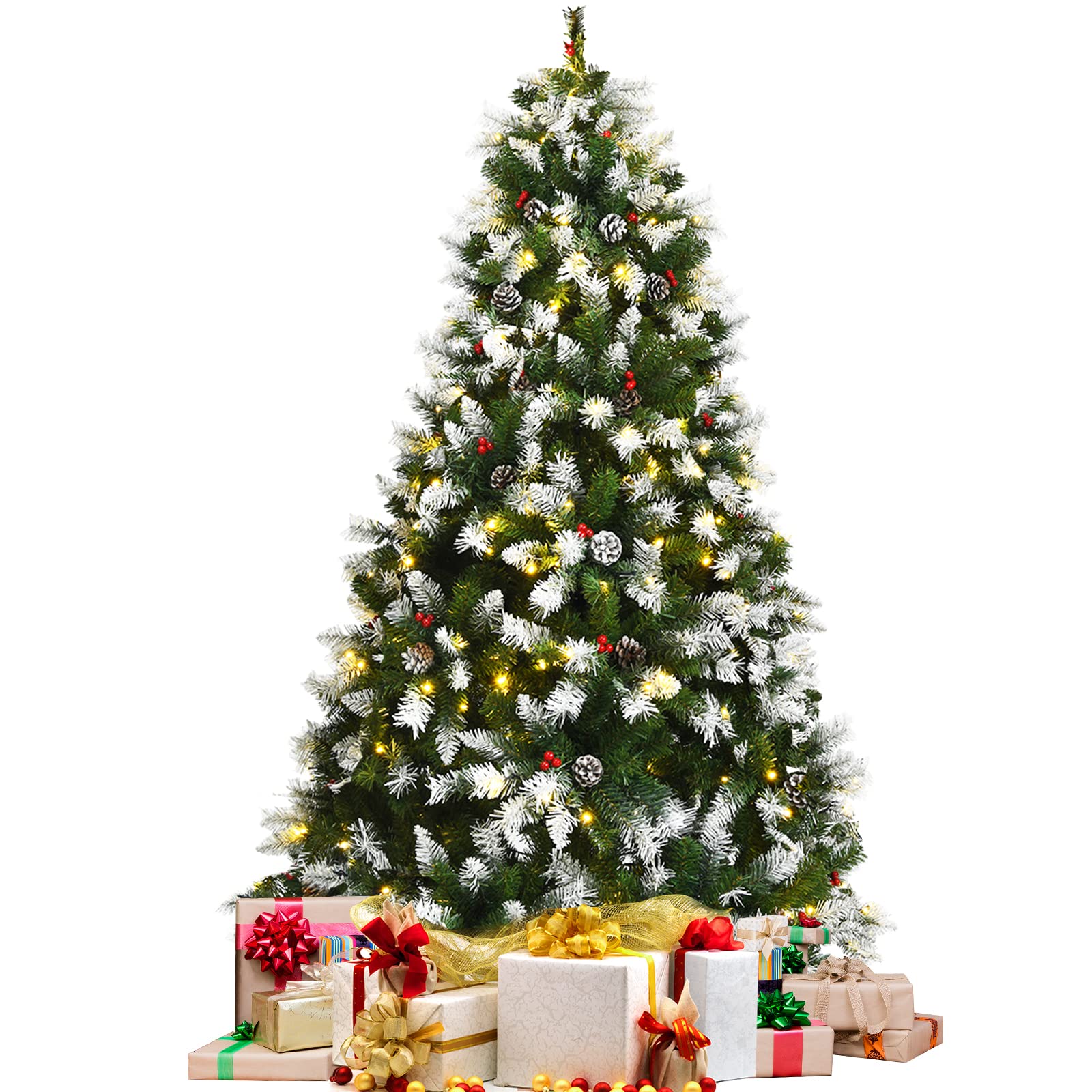 GOFLAME 6ft Pre-Lit Snow Flocked Artificial Christmas Tree with 250 Warm White LED Lights, 8 Lighting Modes, Hinged Branches & Sturdy Metal Stand - Perfect for Living Room, Office, and Holiday Festival Indoor Decorations