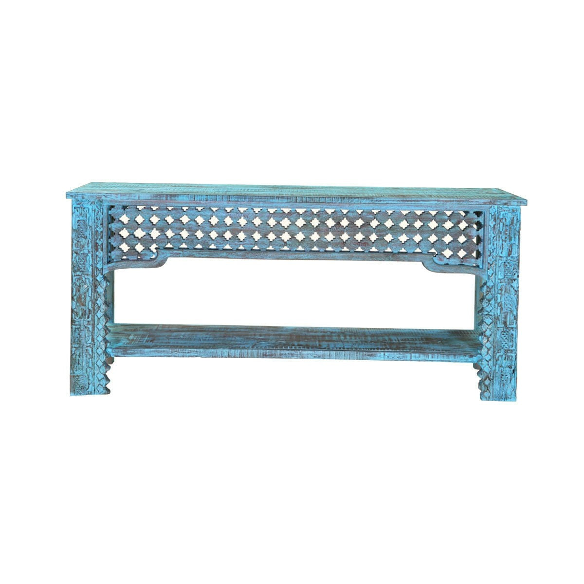 Hand Carved Solid Wood Hall Side Table - Rustic Blue Finish - Entryway, Living Room & Bedroom Accent Furniture