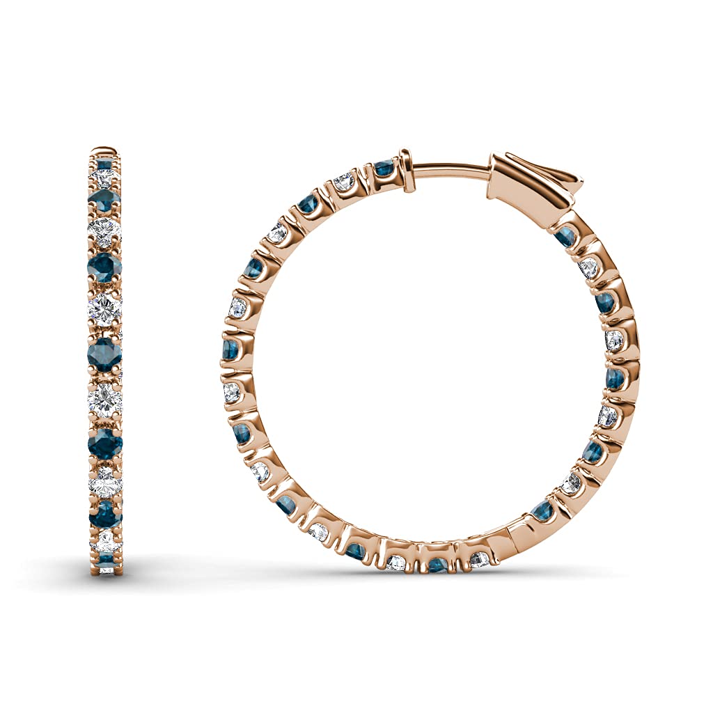14K Rose Gold Blue & White Natural Diamond Inside-Out Hoop Earrings 0.90 ctw - Perfect for Weddings, Parties & Special Occasions