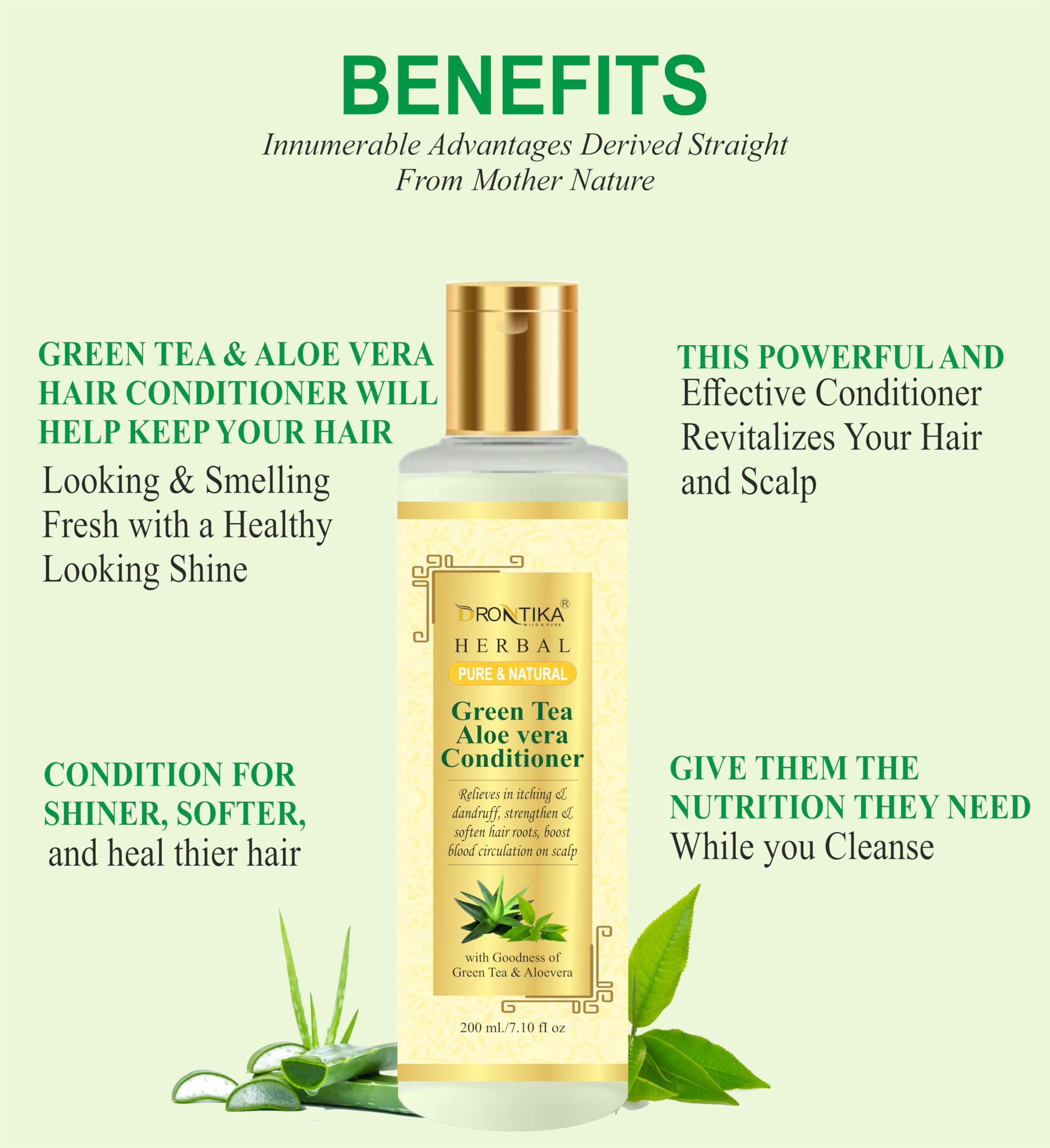 Drontika Herbal Green Tea & Aloe Vera Anti-Dandruff Conditioner - Sulfate Free, Paraben Free, Silicone Free - 200ml for Dry, Itchy Scalp & Flaky Hair - Natural Hair Care Solution for Men & Women