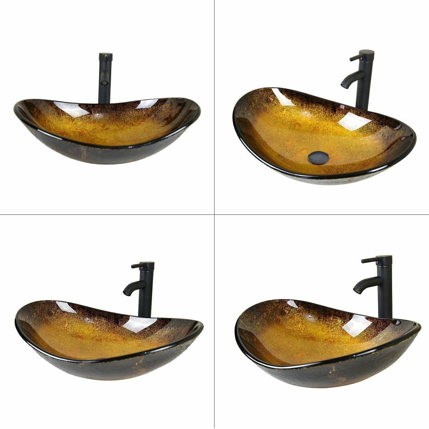 YOURLITE Boat-Shaped Artistic Glass Vessel Sink with Oil-Rubbed Bronze Faucet & Pop-Up Drain - Modern Bathroom Vanity Sink for Luxury Homes & Spa Retreats