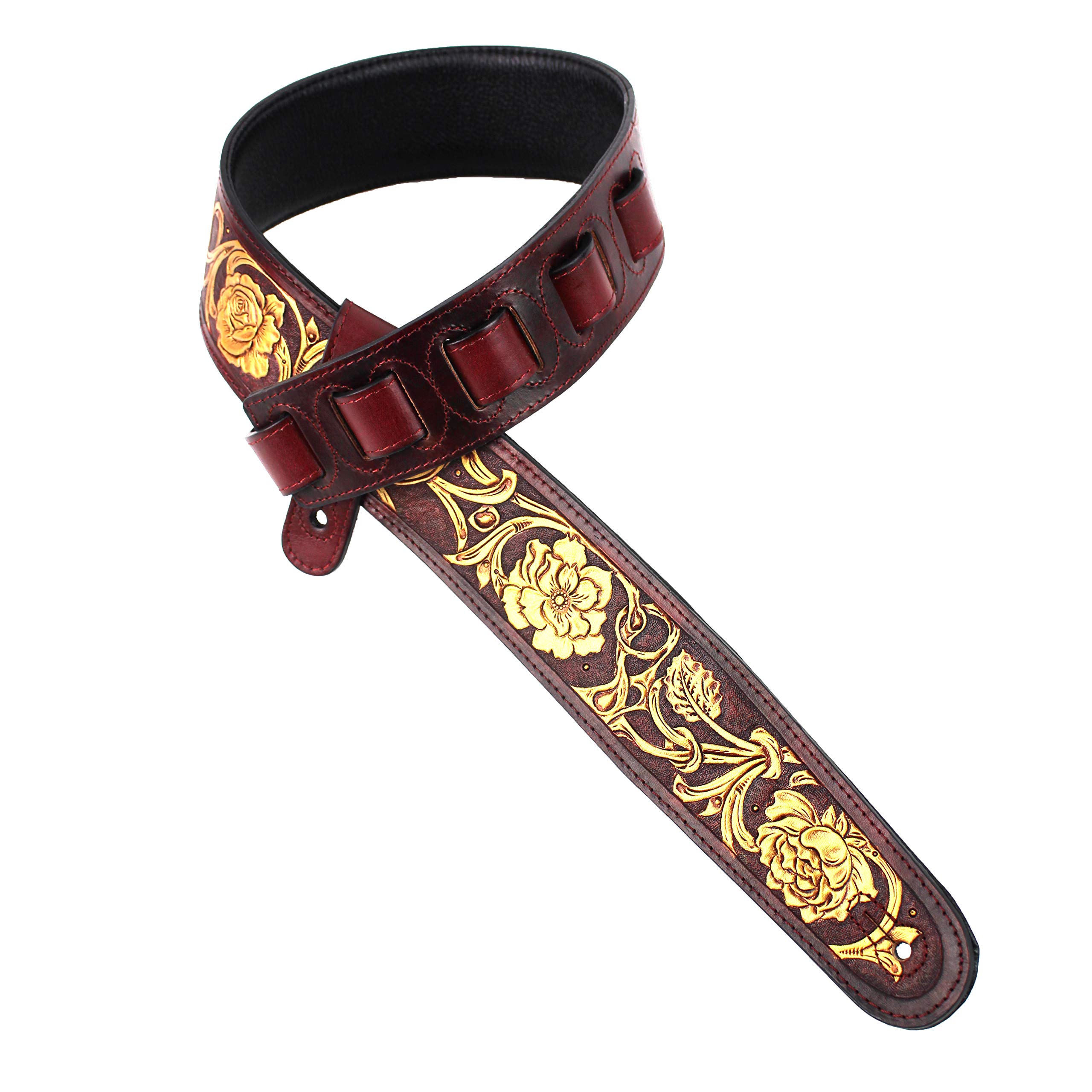 Premium Garnet Red Leather Guitar Strap with Gold Floral Carving - Adjustable for Acoustic, Electric & Bass Guitars | Comfortable & Stylish for Live Performances & Studio Sessions
