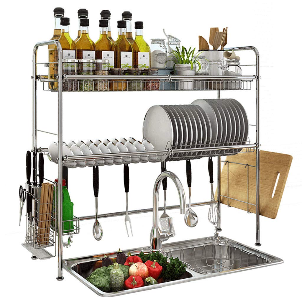 Stainless Steel Microwave Stand with Storage Cabinet - Over Sink Kitchen Prep Table with Dish Drying Rack & Utensil Holder - Perfect for Small Kitchens, Apartments, RV Cooking & Countertop Organization (Silver, One Size) - US Stock Fast Shipping