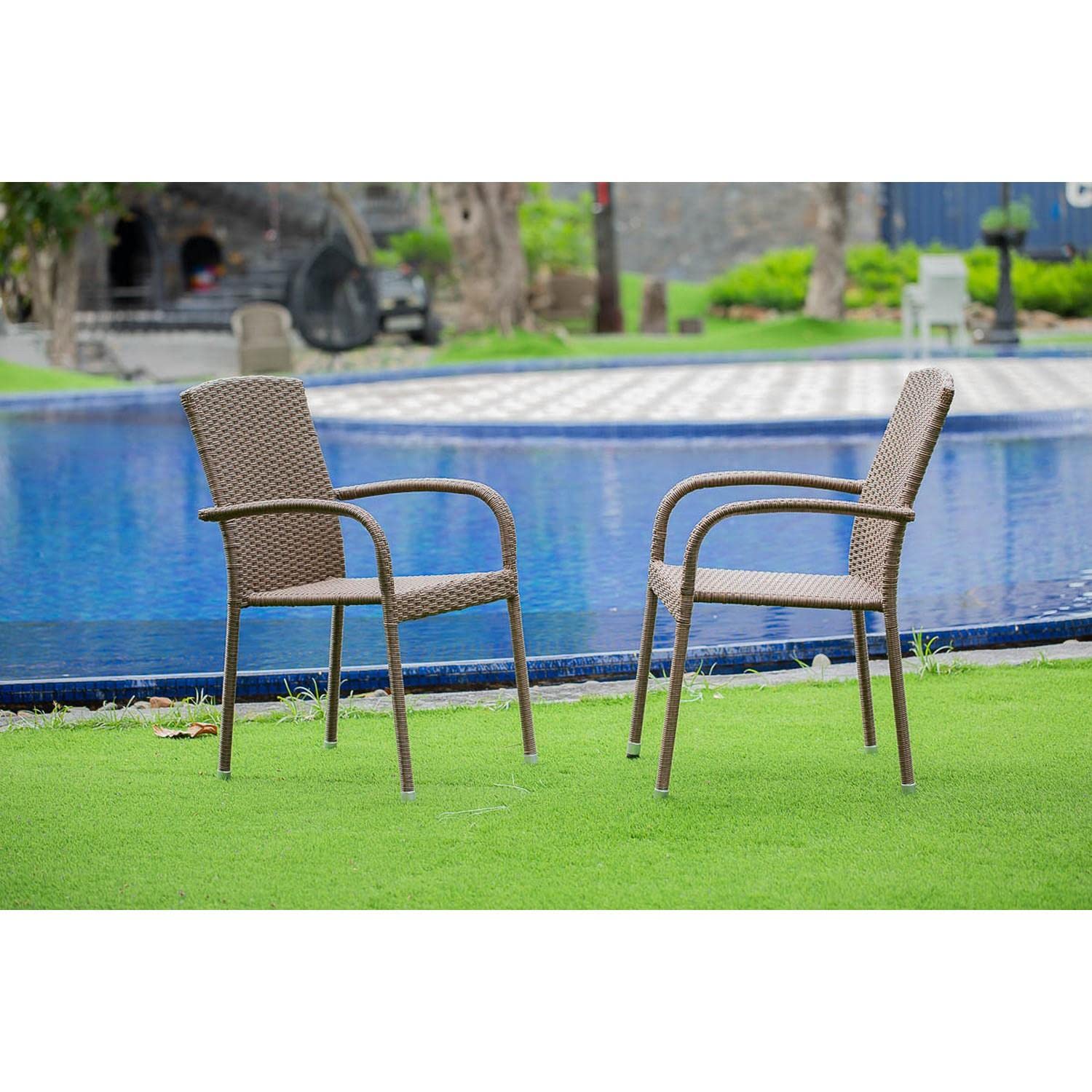 East West Furniture JULC102A Jubi Patio Bistro Wicker Dining Chairs with Cushion, Set of 2, Brown - Outdoor Garden, Balcony, Porch, and Poolside Seating for Relaxing and Entertaining