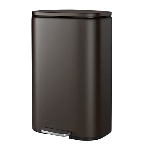 Premium Stainless Steel Trash Can with Silent Lid - 50L Durable Pedal Garbage Bin for Kitchen, Office, Bathroom & Outdoor Use - Leakproof Inner Bucket, Dark Bronze Finish - FINETONES Touch-Free Waste Bin