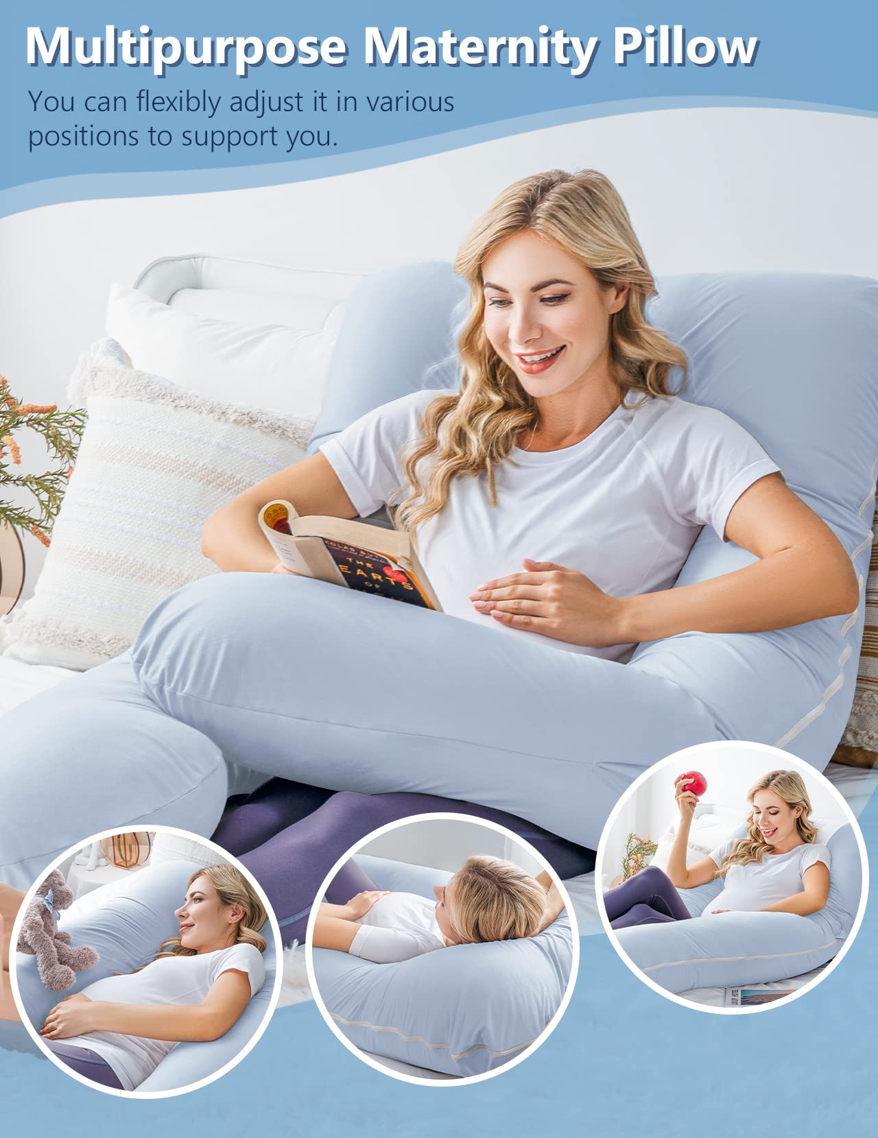 Meiz Cooling Pregnancy Pillow for Sleeping - Maternity Body Pillow with Jersey Cotton Cover for Pregnant Women (Blue) | Comfortable Support for Side Sleepers & Back Pain Relief During Pregnancy