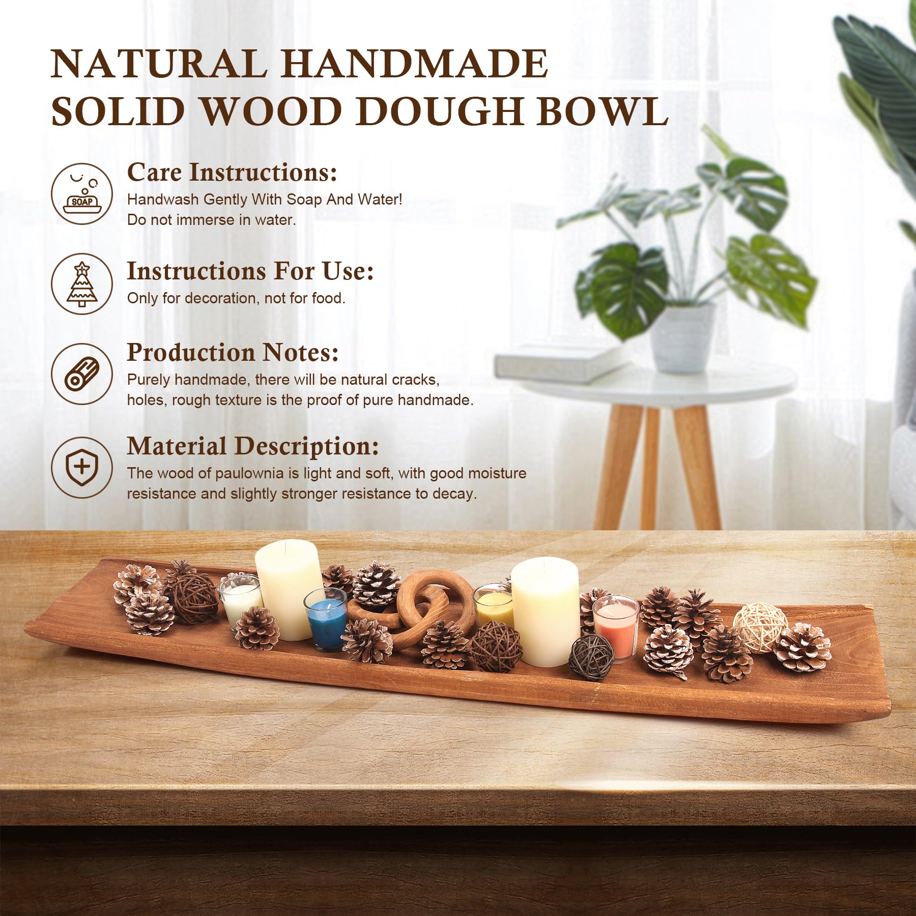 Athaliah 39.5 Inch Solid Wood Dough Bowl - Natural Rustic Bread Bowl for Baking, Serving & Home Decor | Perfect for Farmhouse Kitchen, Dining Table Centerpiece & Bread Making