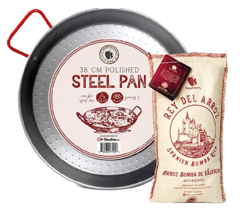 Gourmanity 500g Spanish Bomba Rice & 15-inch Carbon Steel Paella Pan - Authentic Spanish Paella Kit for Home Cooking, Outdoor Parties & Mediterranean Cuisine