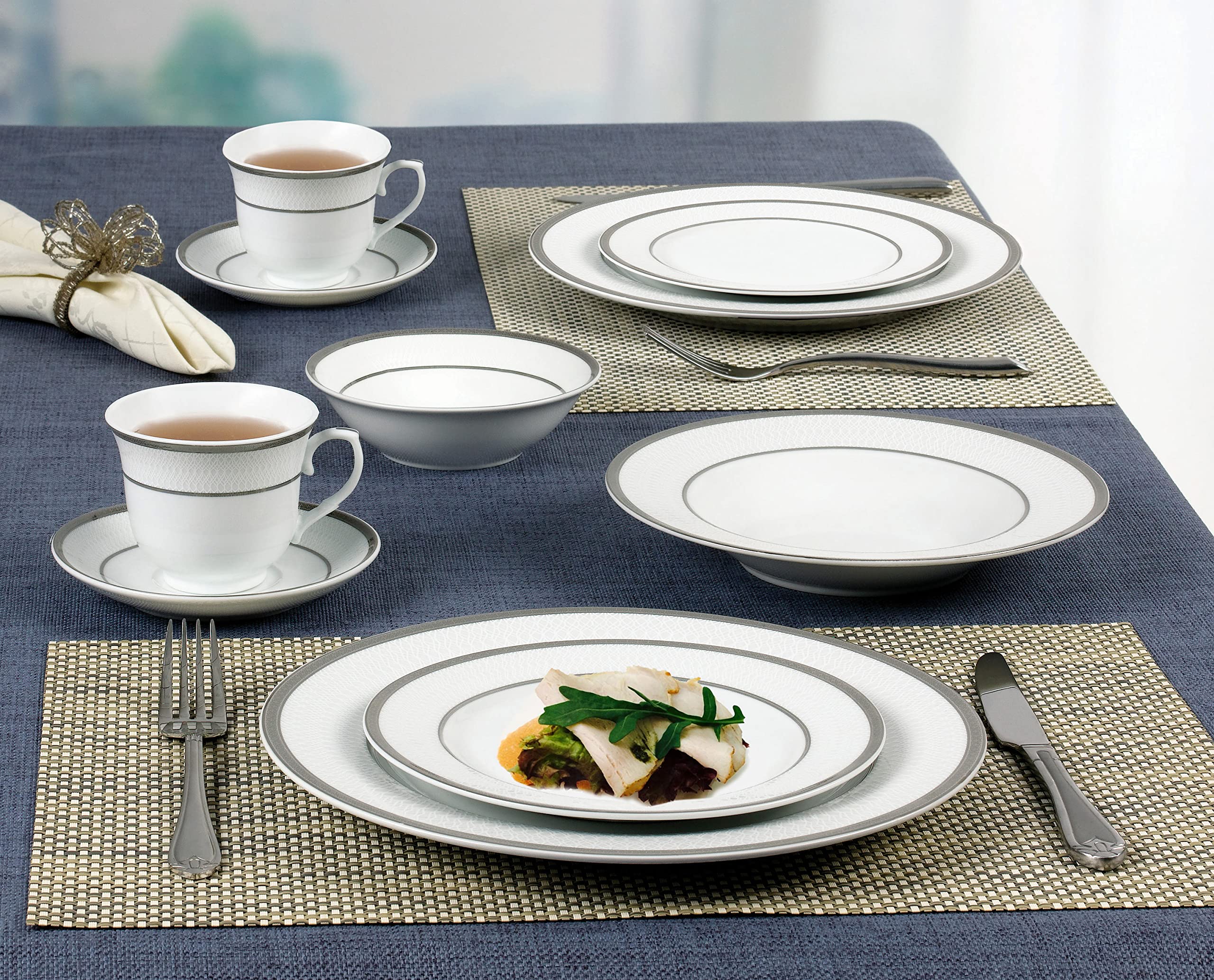 57-Piece Elegant Porcelain Dinnerware Set for 8 - Ashley Collection with Silver Trim | Perfect for Formal Dining, Dinner Parties & Holiday Entertaining