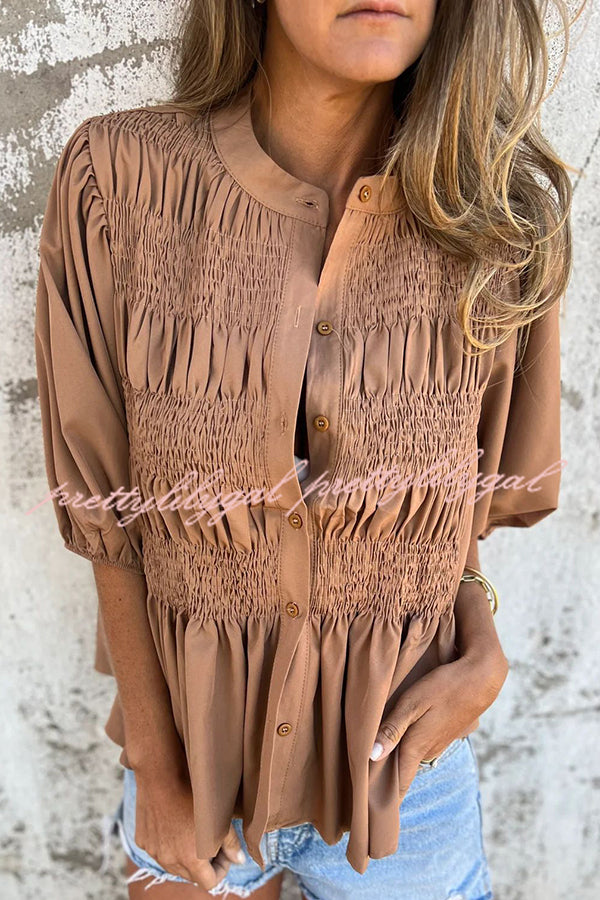 Solid Color Round Neck Button Pleated Short Sleeve Casual Shirt for Women - Summer Office Wear & Weekend Outfits