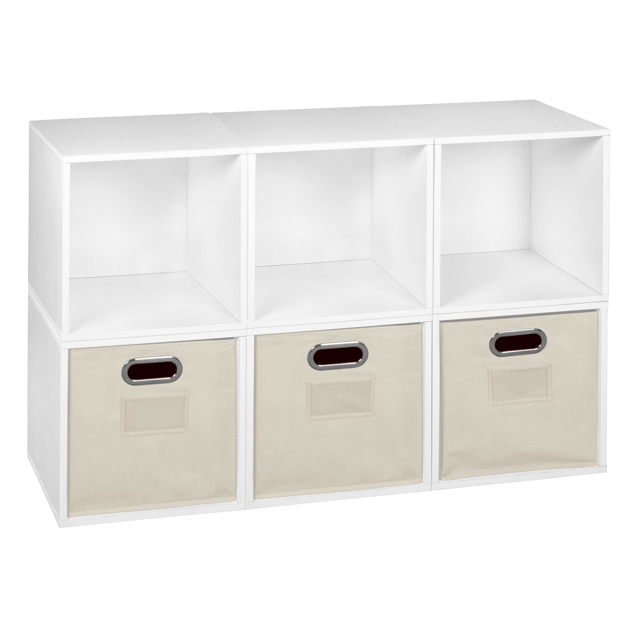Premium 6-Cube Storage Organizer Set with 3 Natural Canvas Bins - White Wood Grain Shelving Unit for Home Office, Nursery & Closet Organization - Space Saving Modular Storage Solution