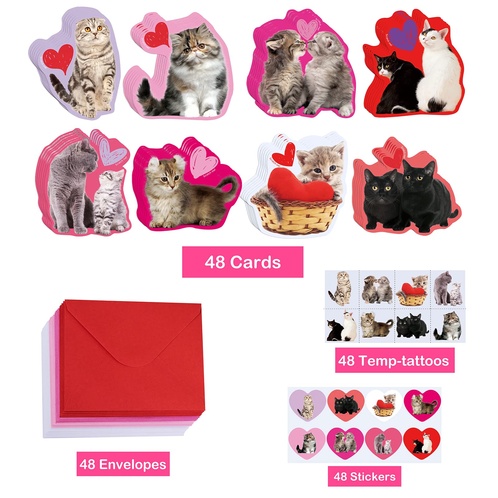 48 Sets Valentine's Day Scratch & Sniff Strawberry Scented Greeting Cards with Envelopes - Cute Cat Kitten Pet Love Cards with Heart Stickers for Kids Classroom Exchange, Party Favors & School Gift Giving - Perfect for Valentine's Day Celebrations, Classroom Activities and Friendship Gifts