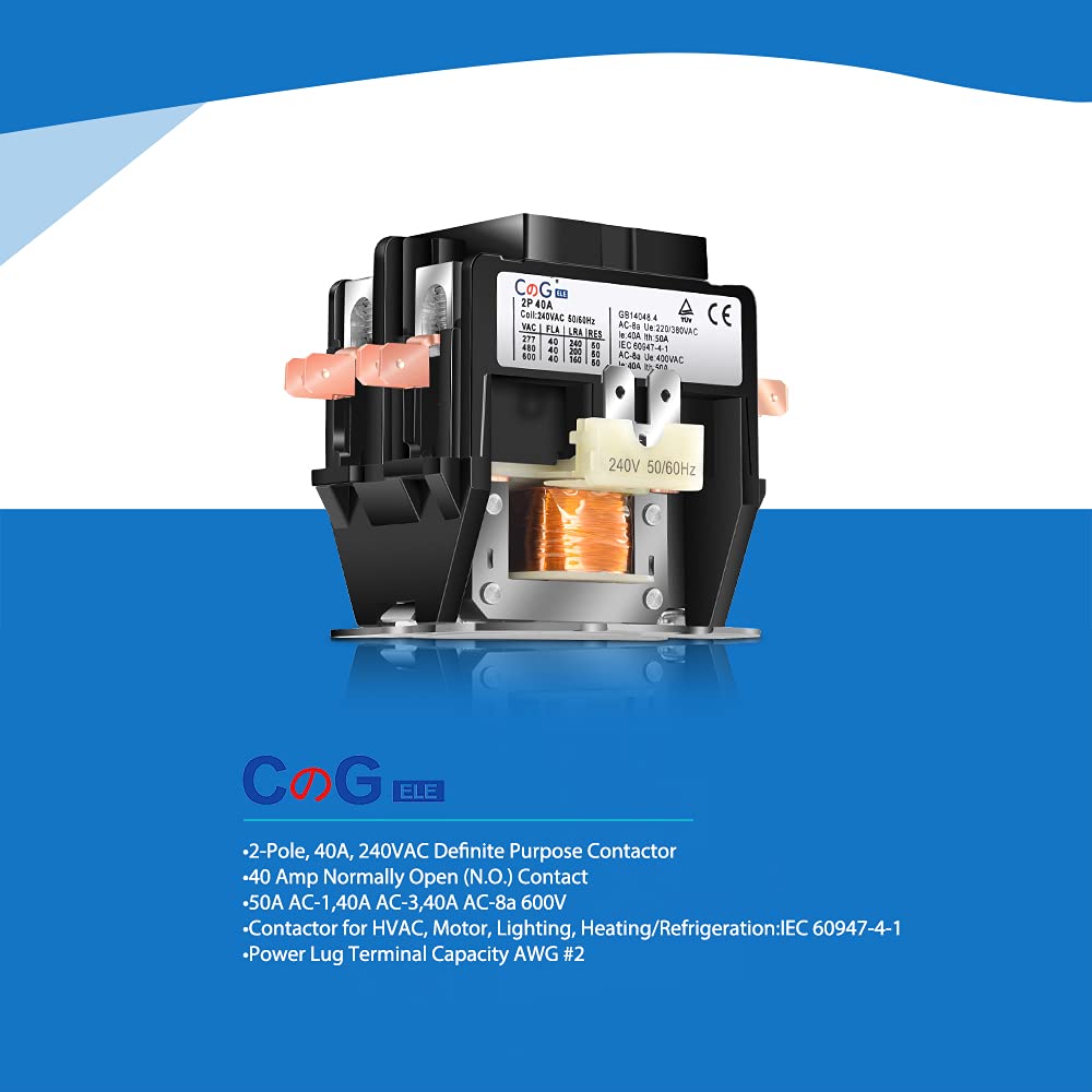 40 Amp 240V 2 Pole Air Conditioner Contactor - Heavy Duty Condenser & Compressor Contactor for HVAC Systems | Perfect for AC Units, Heat Pumps & Refrigeration Systems