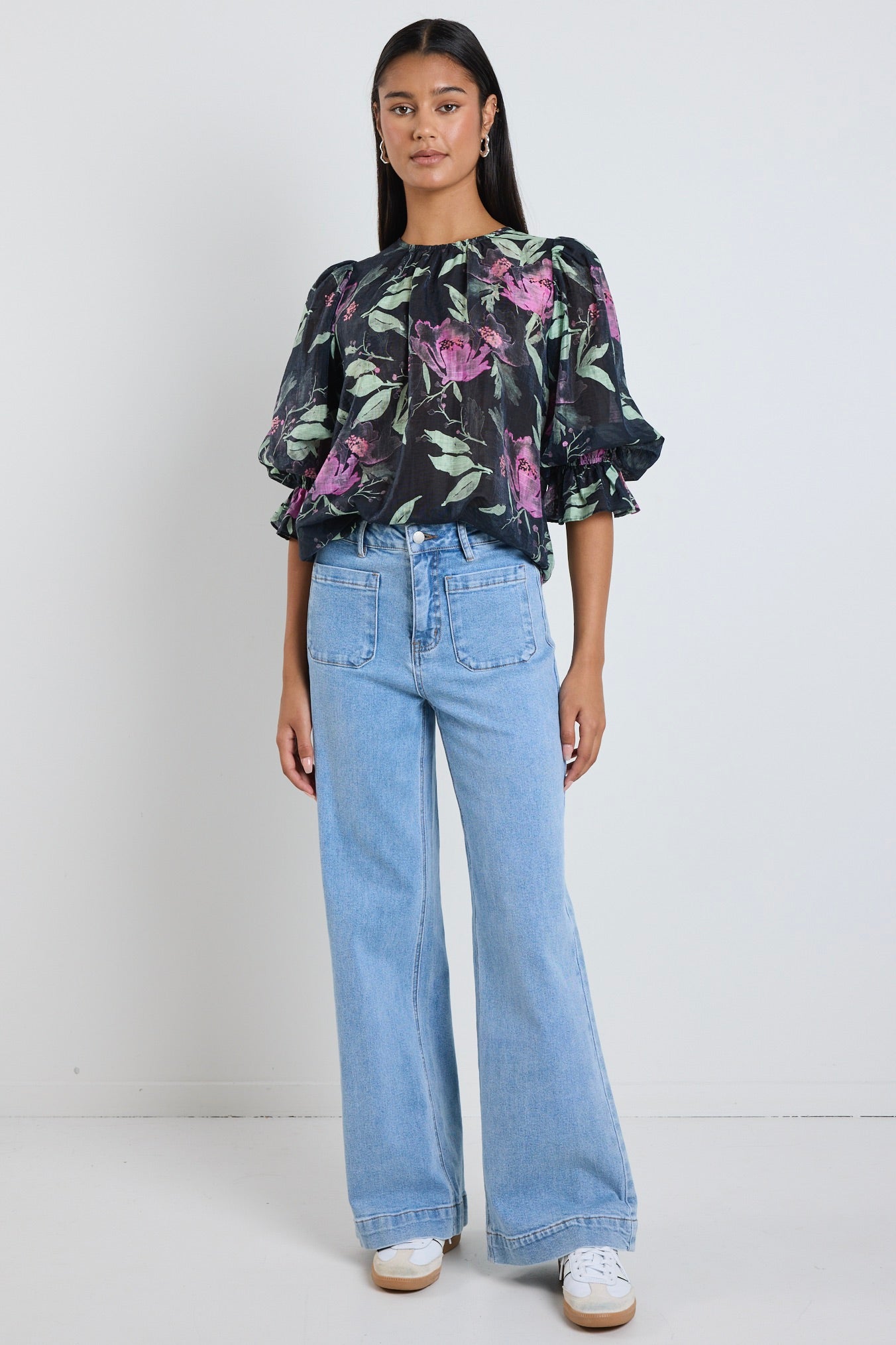 Stylish Petrol Lilac Floral Print Crew Neck Mid Sleeve Blouse for Women | Casual Summer Tops | Perfect for Office Wear, Date Nights & Weekend Outings