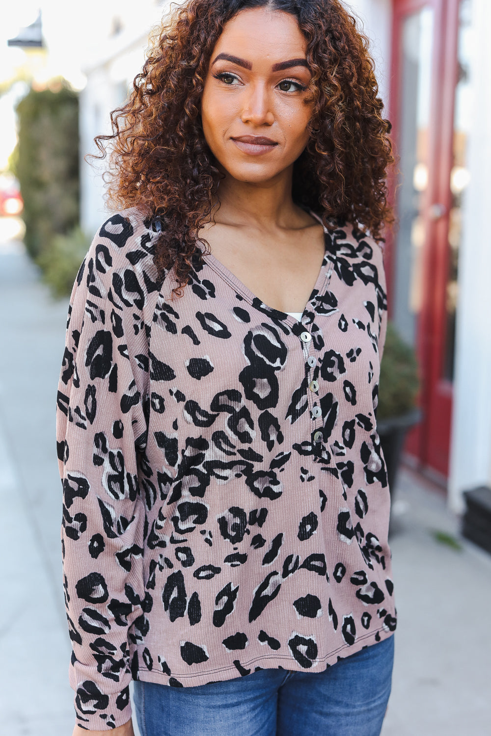 Be Bold Beige Rib Animal Print Button Front Dolman Pullover Sweater - Trendy Casual Wear for Women, Perfect for Office, Date Night & Fall Outfits