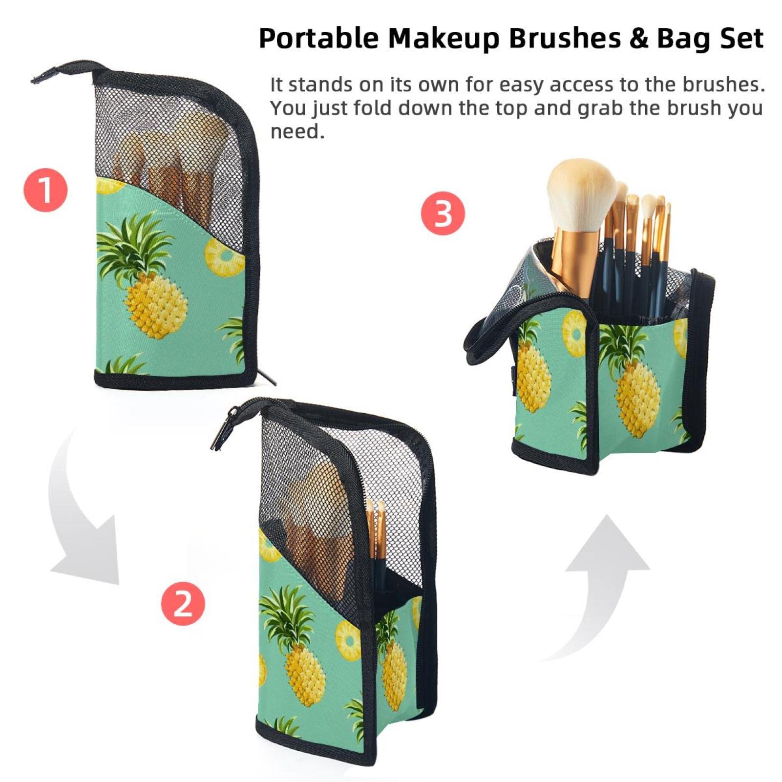 Portable Makeup Brush Organizer Bag with 12 Slots - Tropical Pineapple Design, Travel-Friendly Cosmetic Brush Holder Case - Perfect for Home Vanity & On-the-Go Makeup Touchups
