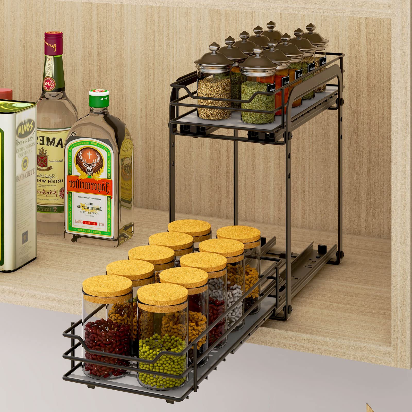 2-Tier Pull Out Spice Rack Organizer - Heavy Duty Metal Basket for Kitchen Cabinets & Pantry Closet - Space Saving Spice Storage Solution for Cooking & Baking Needs