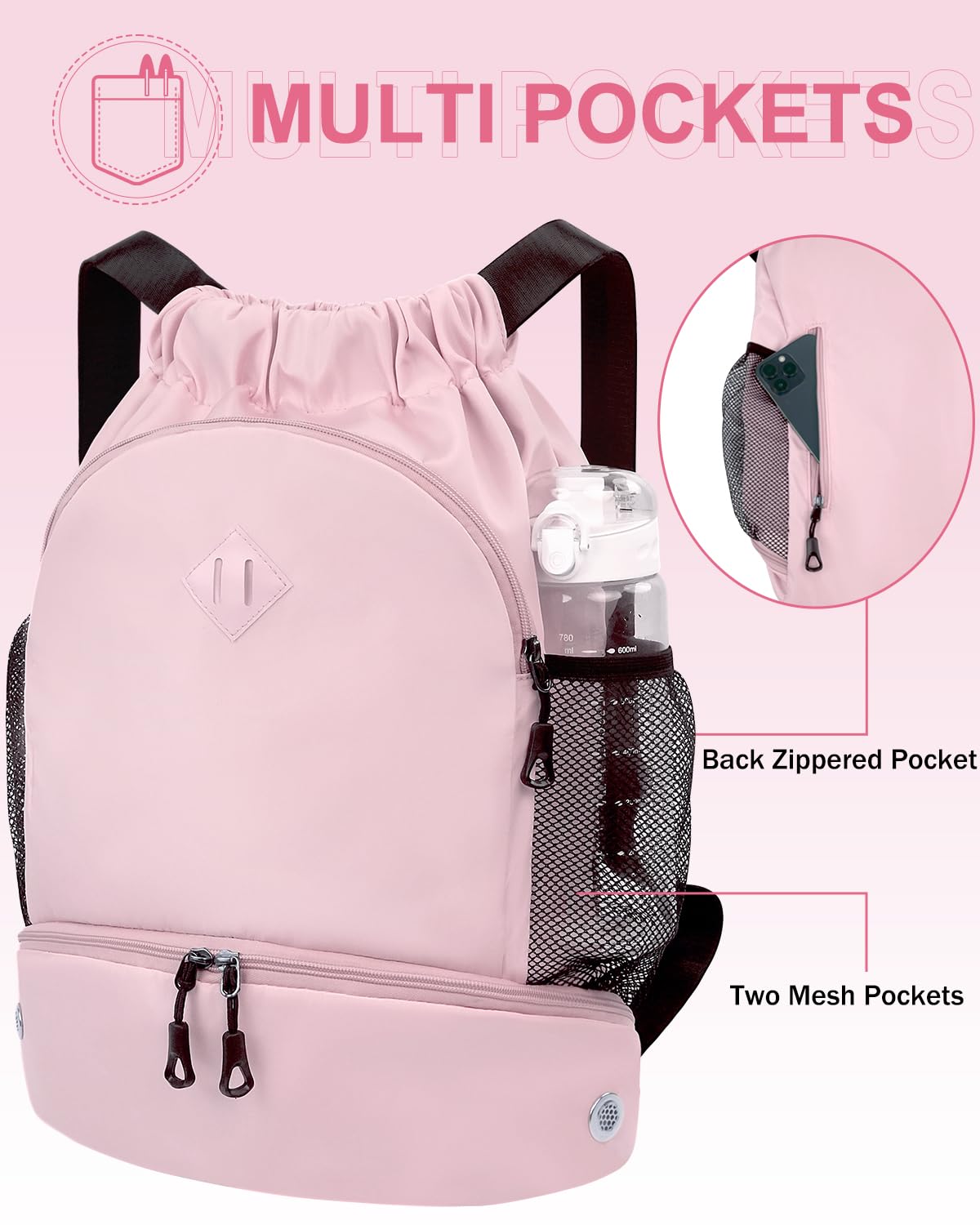 **Drawstring Backpack for Gym & Sports - Lightweight Water-Resistant Backpack with Shoe Compartment & Wet Pocket - Perfect for Swimming, Beach, Running & Travel - Pink**