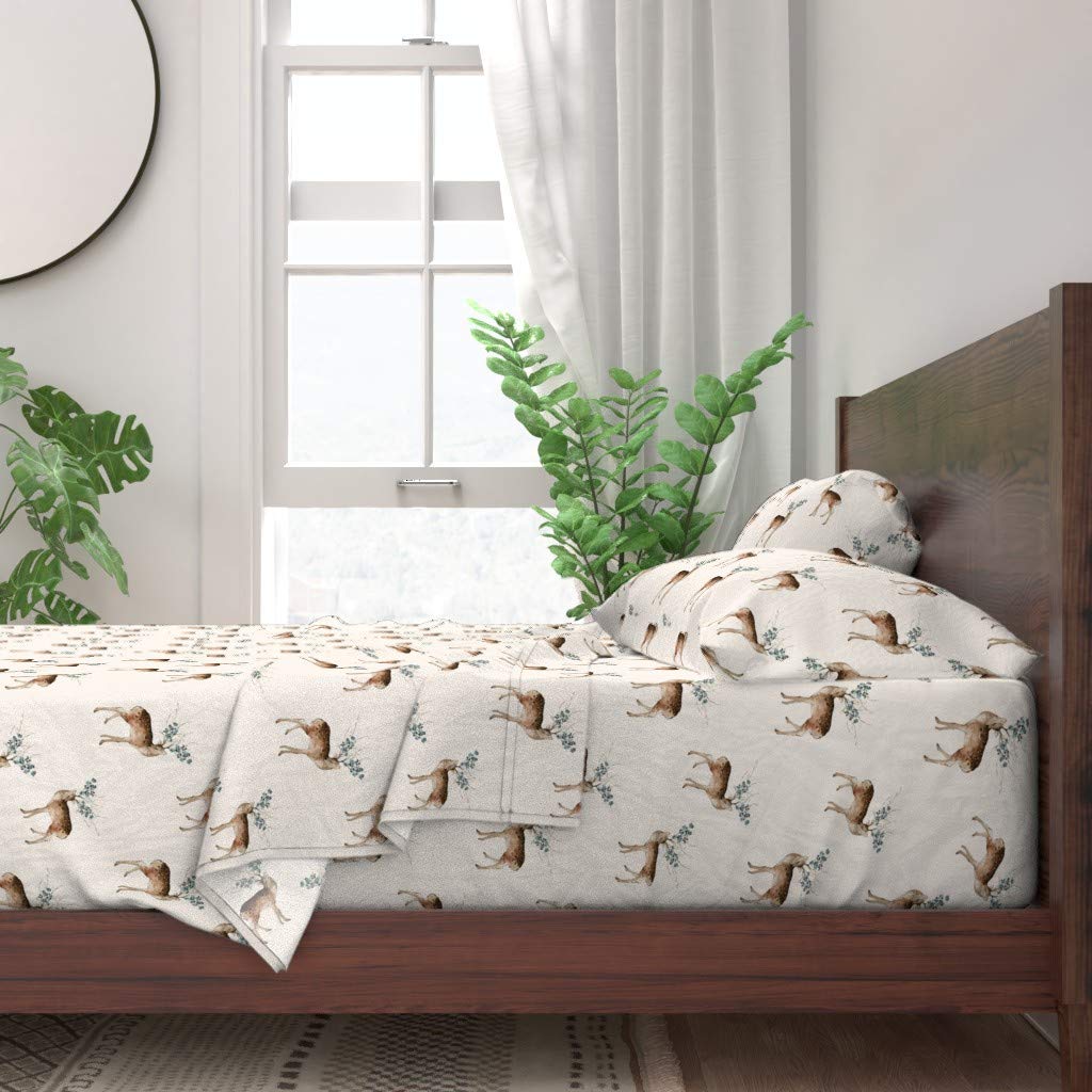 100% Cotton Twin Sheet Set 3pc - Woodland Deer Watercolor Boho Floral Print | Gender Neutral Nursery Bedding | Soft & Breathable for Baby & Kids Room Decor