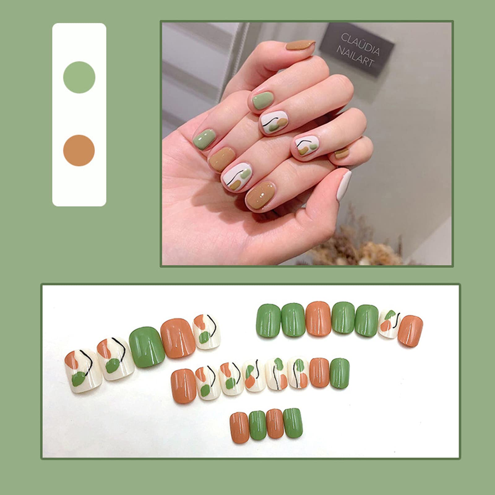 96 Pcs Short Square Press On Nails - 4 Pack Acrylic Fake Nails Kit with Glue & Nail File - Full Cover Artificial Nails for Women & Girls (Green) - Perfect for Parties, Weddings & Daily Wear