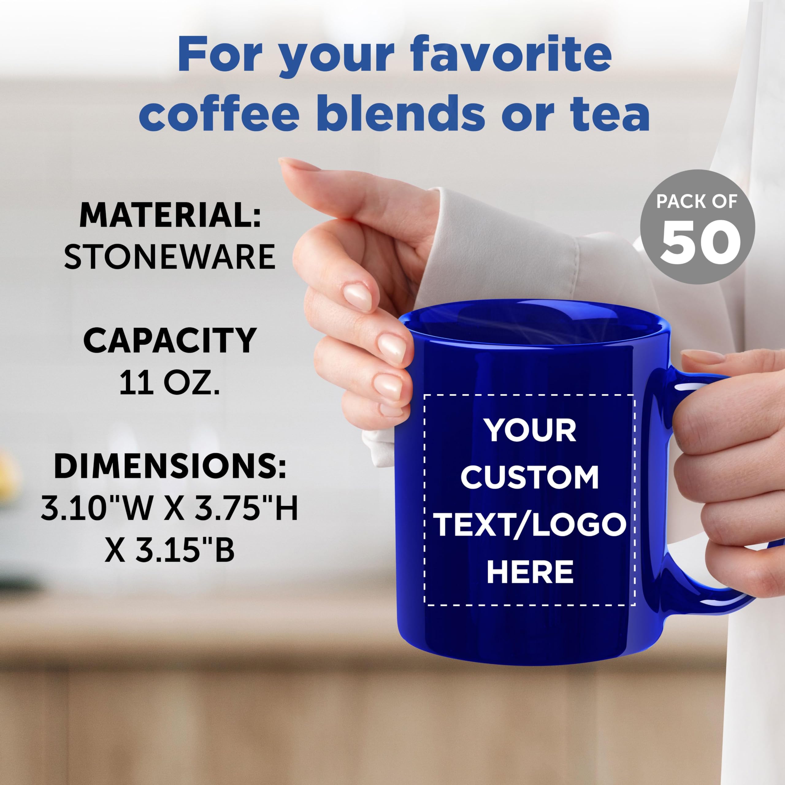 Custom Ceramic Coffee Mugs 11 oz - Bulk Set of 50 Personalized Coffee Cups for Office, Cafe & Home Use - Iced Coffee & Gaming Mugs in Cobalt Blue - Durable Dishwasher Safe Ceramic Mugs for Daily Use, Gifts & Promotional Events