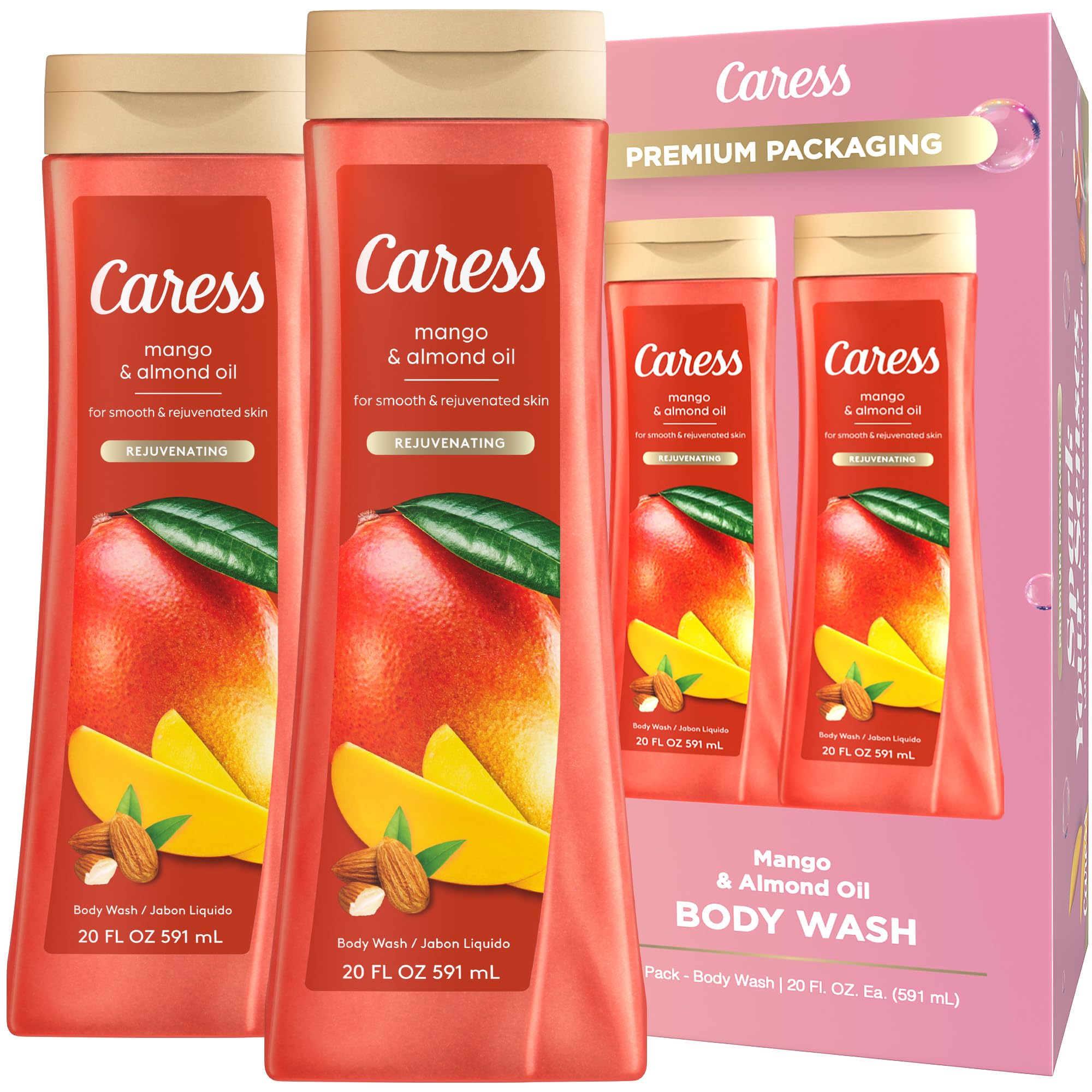 Caress Mango Almond Oil Body Wash - Moisturizing for Smooth Skin - 20oz (Pack of 2) for Daily Shower & Spa