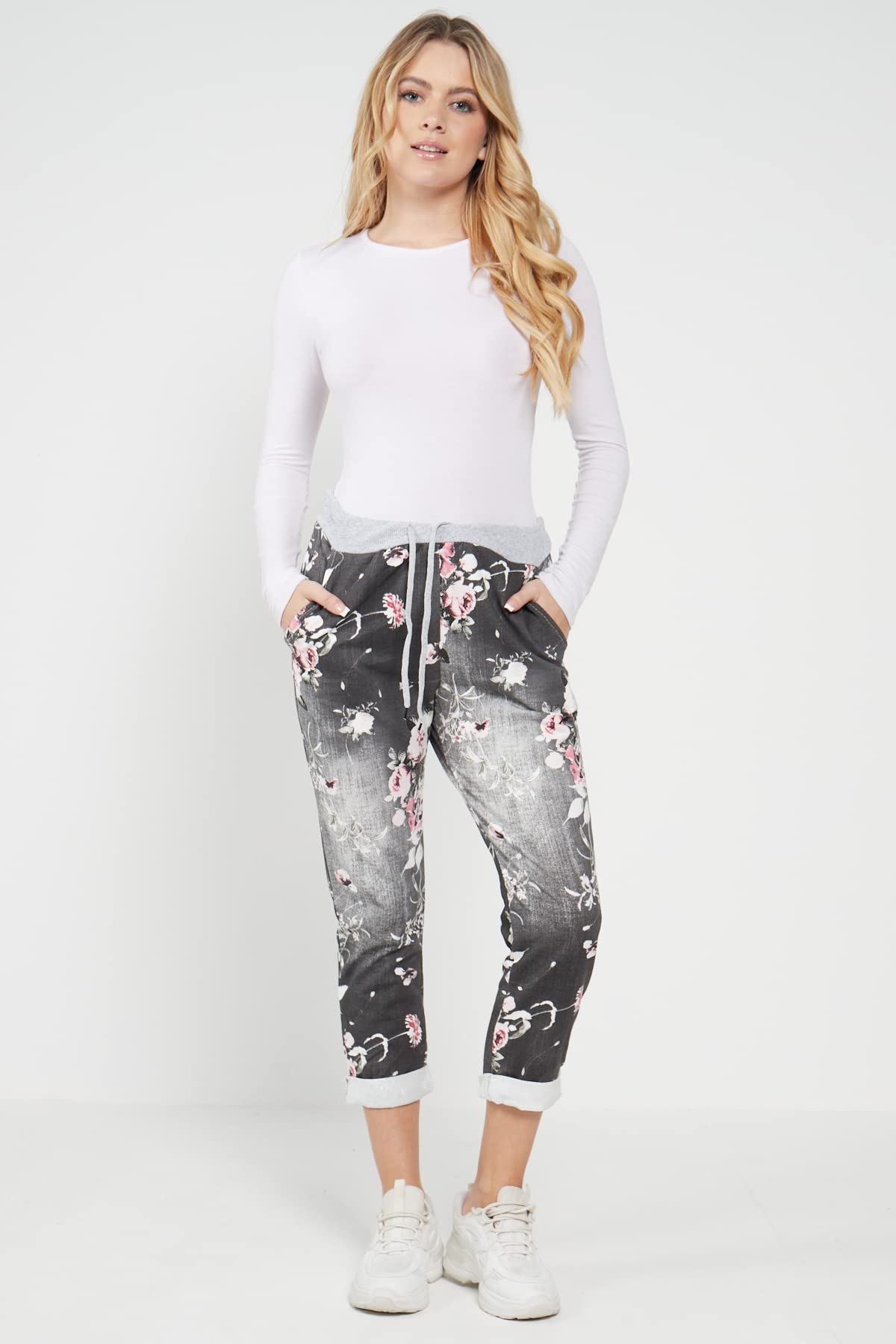 Women's Floral Print Denim Joggers - High Waisted Casual Sweatpants for Summer | Italian Gym Pants for Women | Plus Size 6-20 | Perfect for Yoga, Running & Streetwear Fashion