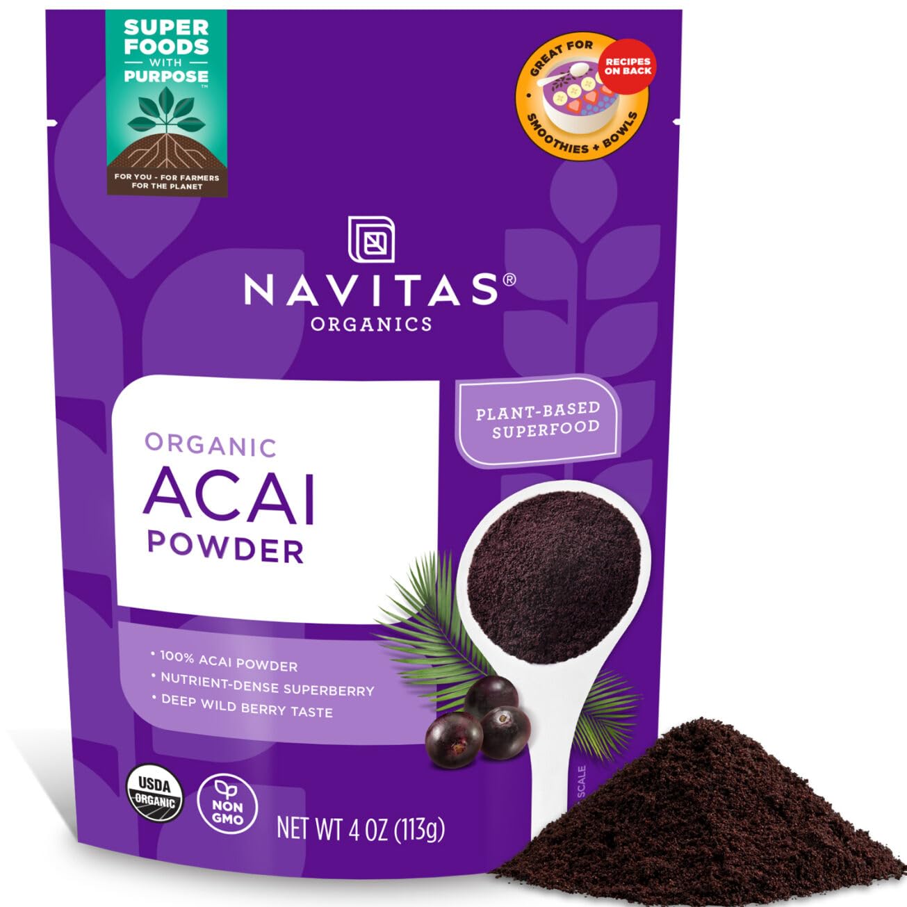 Organic Acai Powder by Navitas Organics - 4 oz (113g) | Antioxidant-Rich Superfood for Smoothies, Bowls & Baking | Expires June 2025