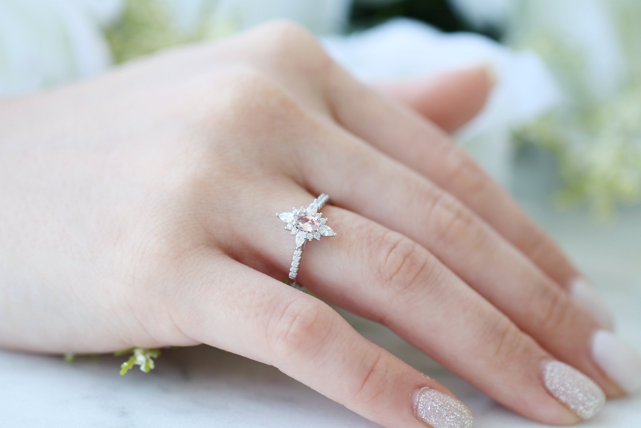 Starburst Morganite Ring in Sterling Silver – Elegant Rose Quartz Jewelry for Women, Perfect for Engagement, Wedding & Anniversary Gifts