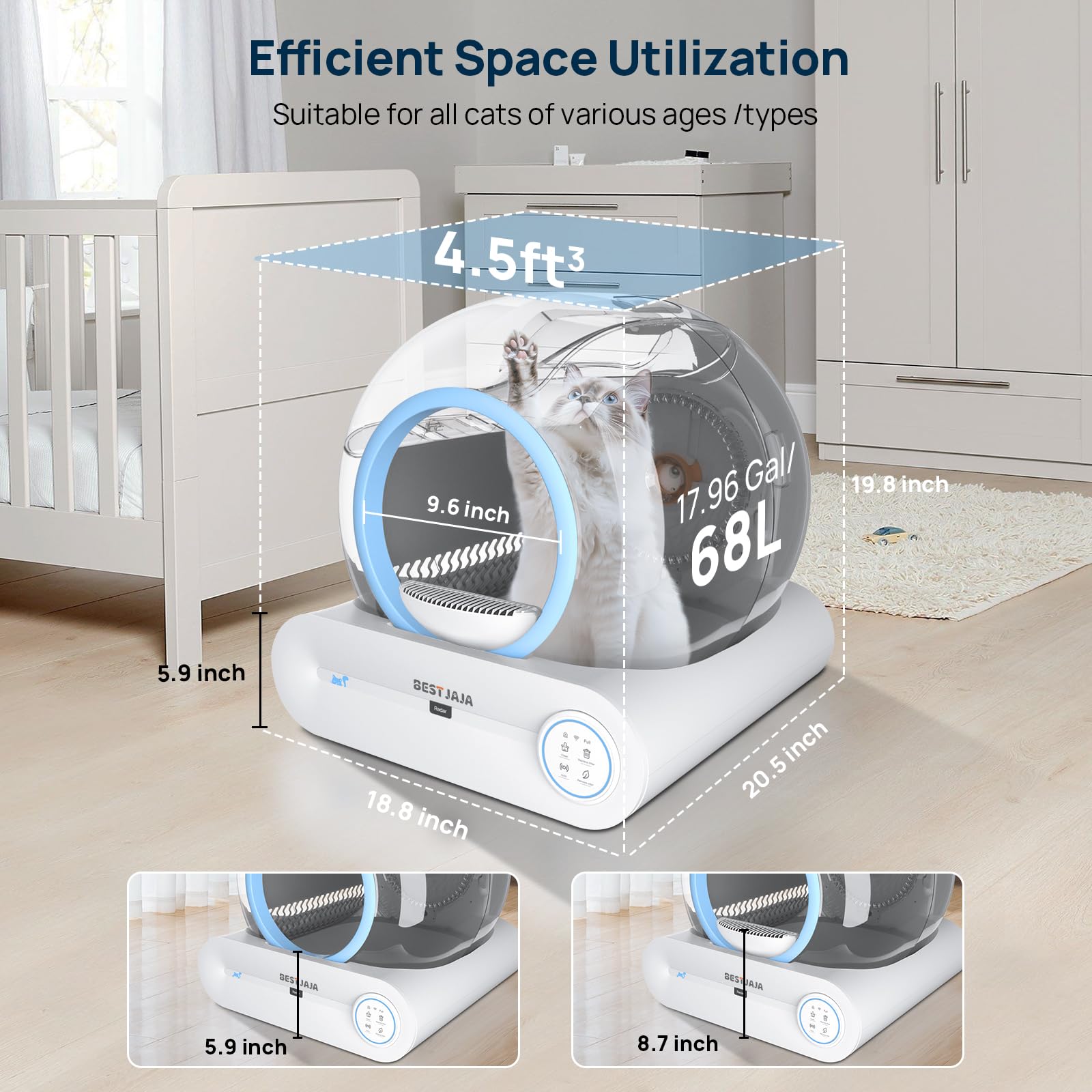 2024 Upgraded Self Cleaning Litter Box - Automatic Cat Litter Box Robot with Mat & Cleaning Tools, 68L+9L Large Capacity for Multiple Cats, Smart APP Control (Blue) | Perfect for Busy Pet Owners & Multi-Cat Households