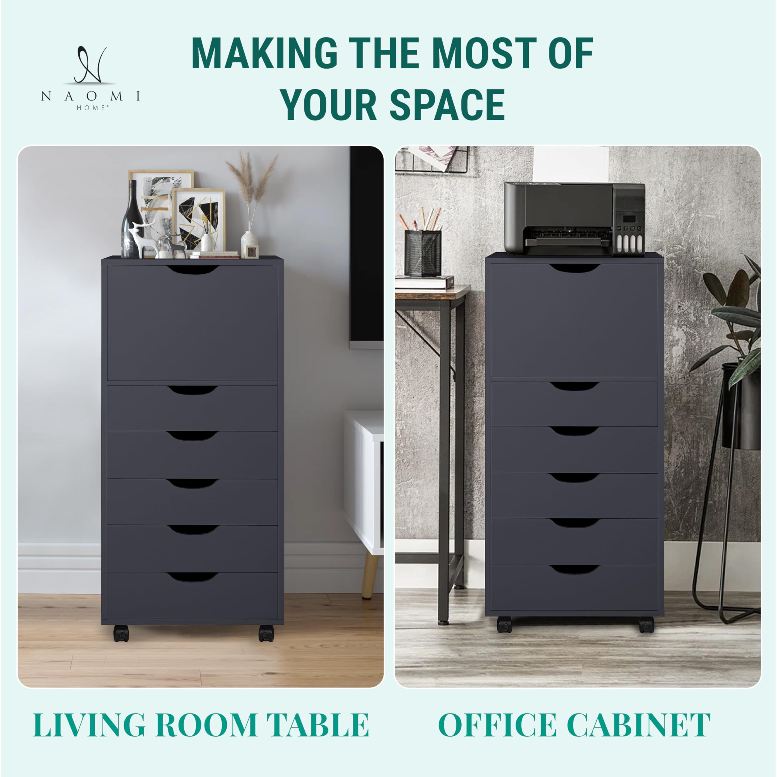 Naomi Home 6-Drawer Tall Dresser Storage Cabinet with Wheels - Wooden Makeup Organizer, Closet Chest for Bedroom, Black | Perfect for Makeup Storage, Closet Organization & Small Space Furniture