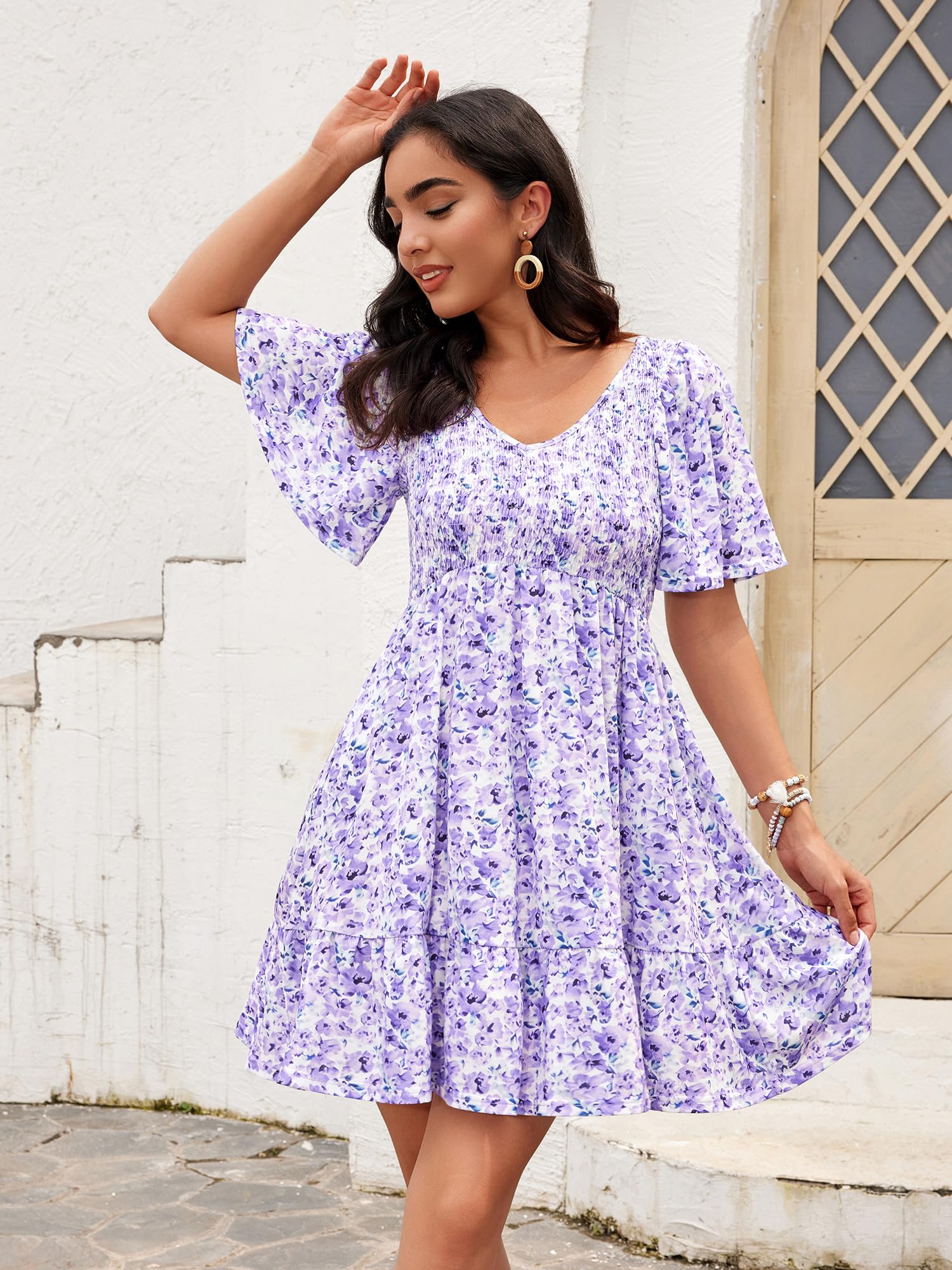 Women's Floral Smocked V-Neck Flutter Sleeve Sundress with Pockets - Casual Spring Summer Dress 2025 - Perfect for Beach, Vacation, and Outdoor Parties