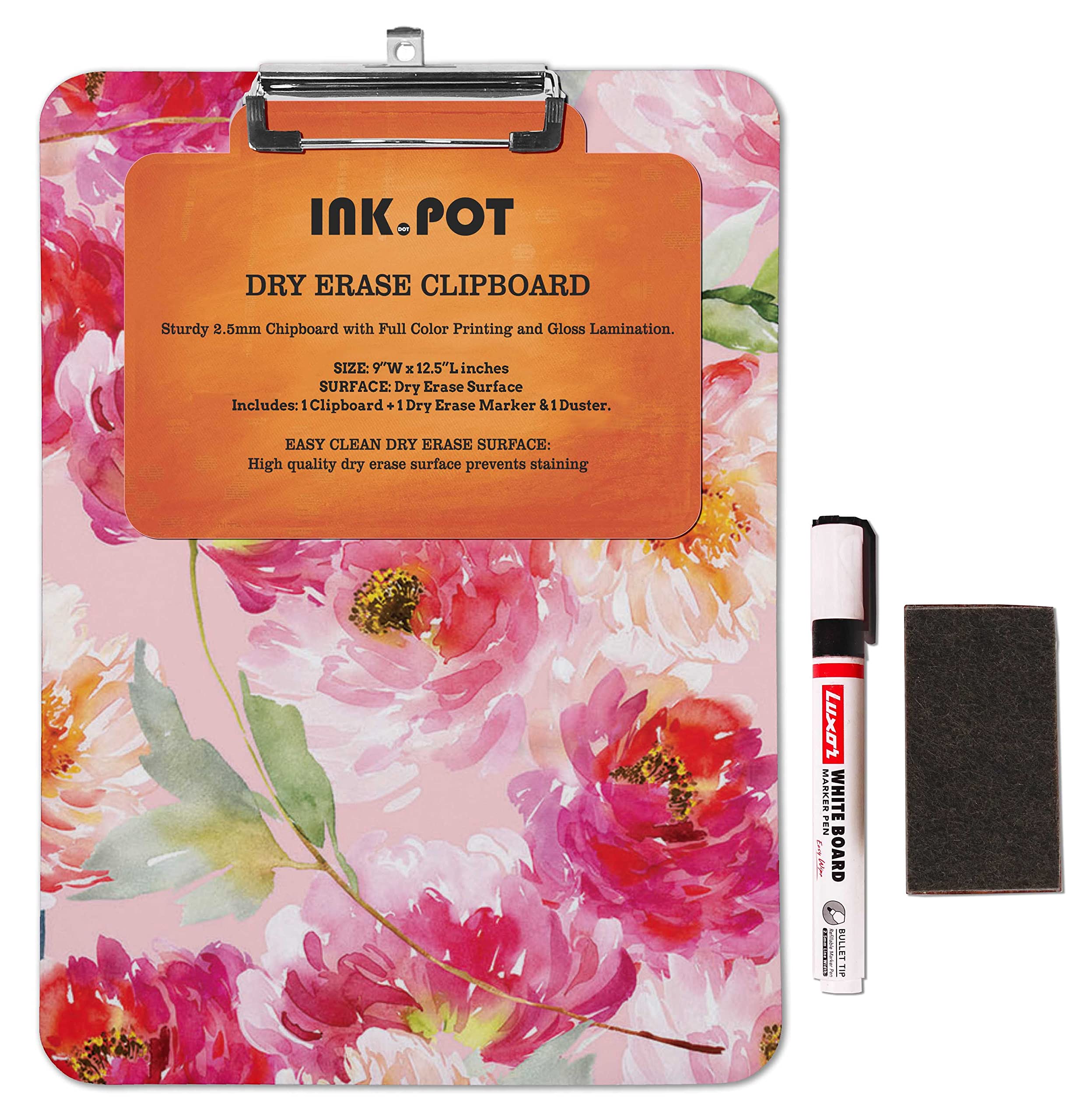 Double Sided Dry Erase Clipboard 9x12.5 - Letter Size with Free Marker & Duster for Office & School