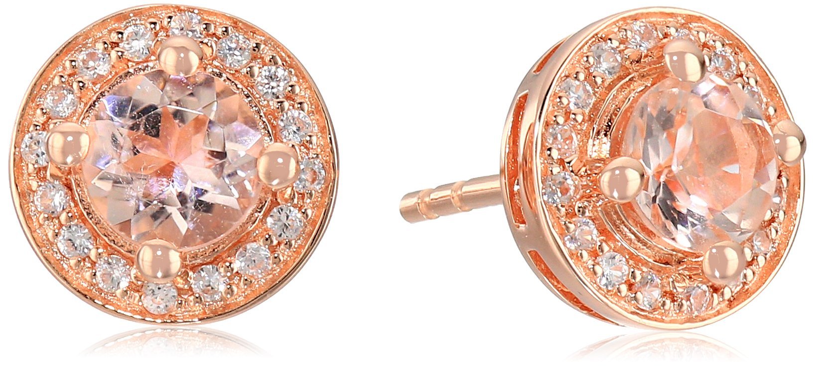 Rose Gold Plated Silver Morganite Round Halo Stud Earrings for Women - Elegant Bridal Jewelry, Anniversary Gift, Party & Wedding Accessories
