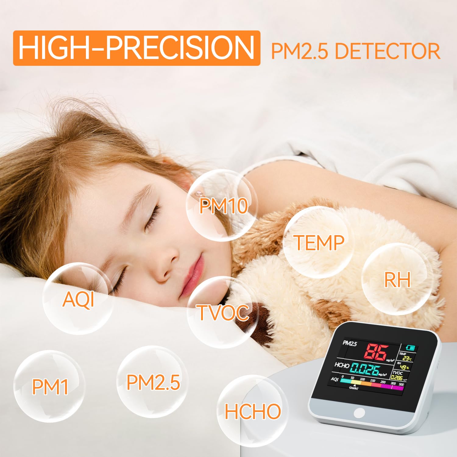 13-in-1 Air Quality Monitor Indoor - PM1/PM2.5/PM10 Particle Counter, AQI, Humidity, TVOC, Formaldehyde & Temperature Detector for Home & Office - Portable Air Quality Tester (White) - Perfect for Baby Rooms, Bedrooms & Workplaces