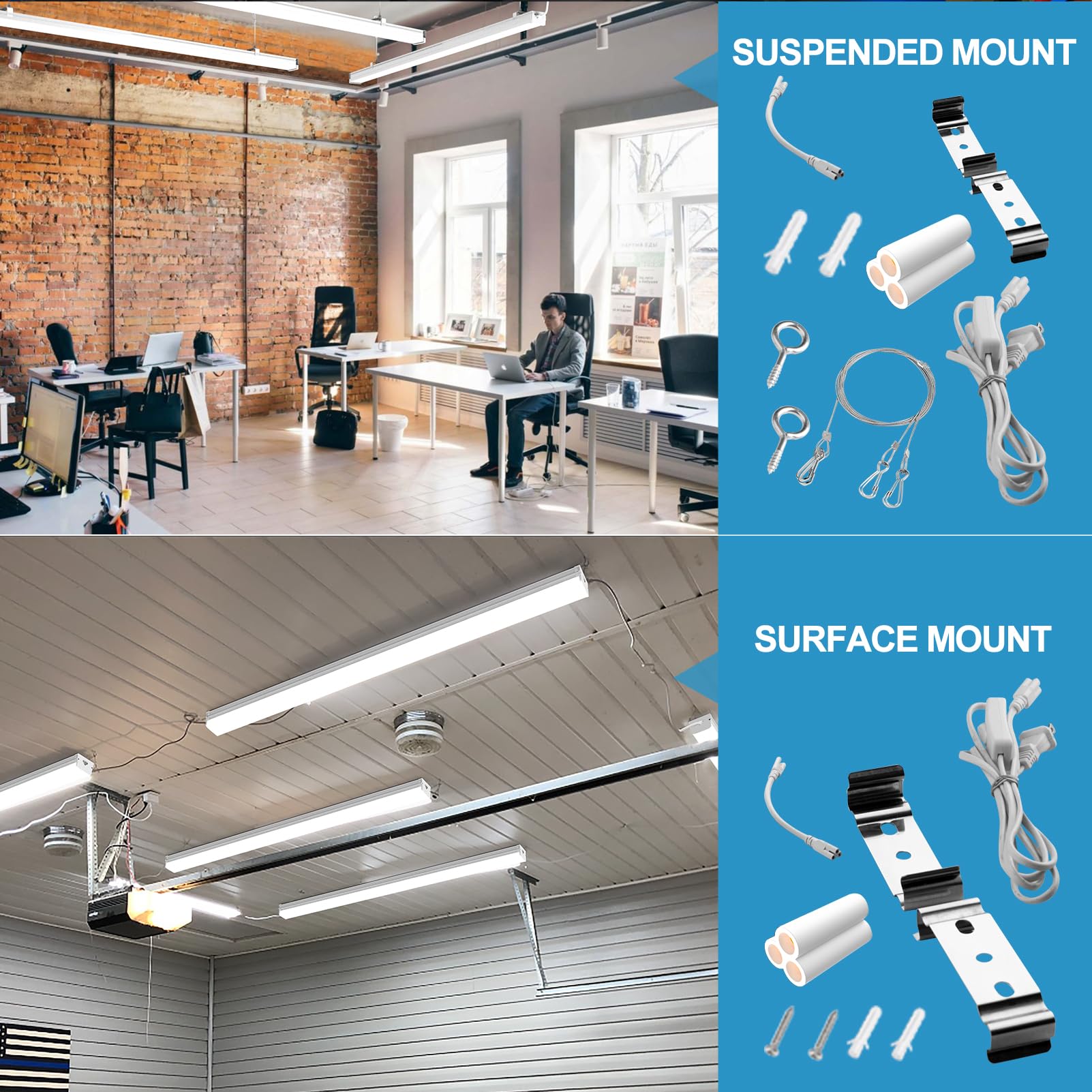 4FT 2.5inch 72W Linkable LED Shop Lights - 8 Pack, 10000LM 100-277V Garage Lighting with 5ft On/Off Switch, 5000K Daylight White, Plug and Play (Hanging/Flush Mount) - Perfect for Workshops, Garages, Warehouses & Commercial Spaces