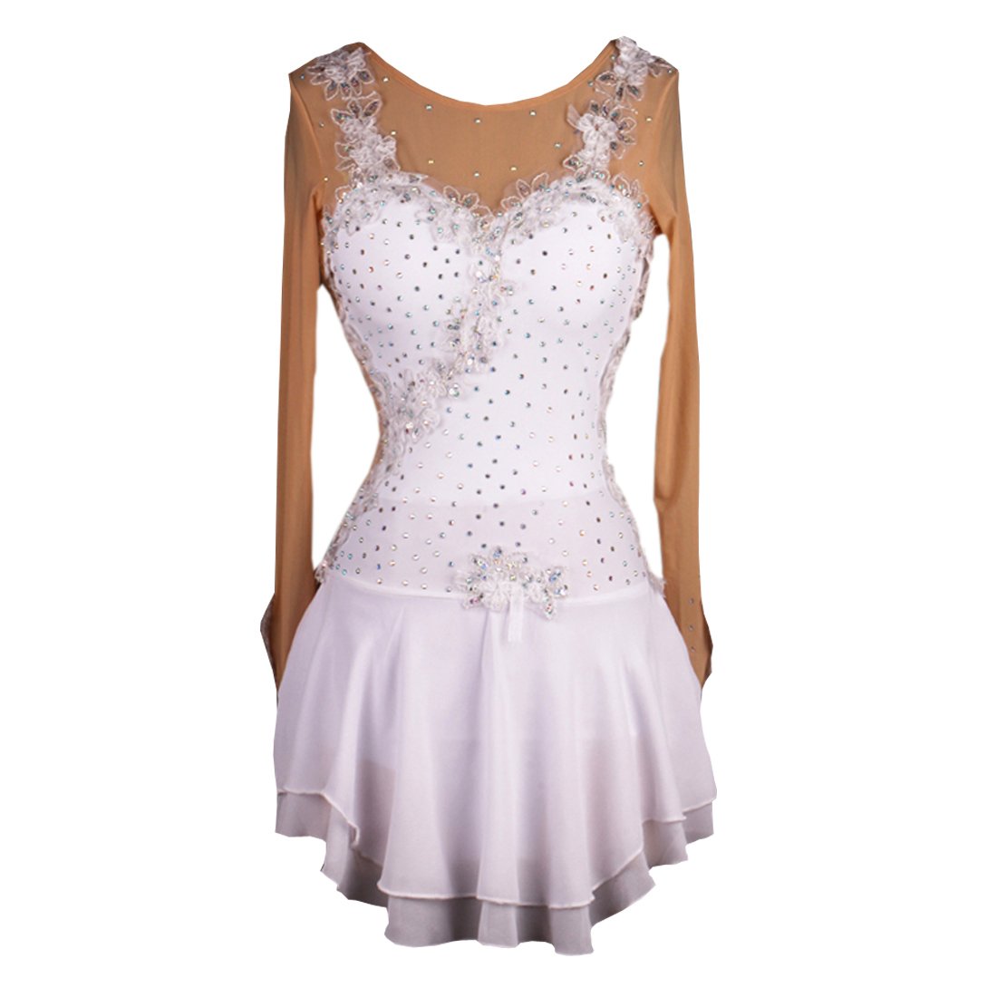 Elegant White Rhinestone Draped Figure Skating Dress for Women - Perfect for Ice Shows, Competitions & Performances