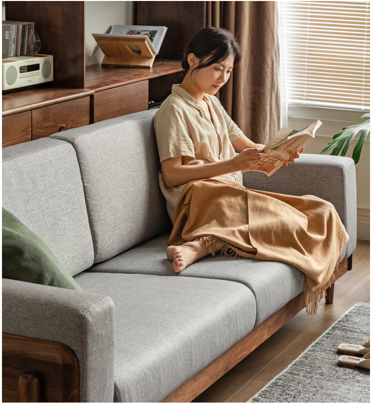 Premium Black Walnut Solid Wood Upholstered Fabric Sofa - Modern Living Room Furniture for Home, Office & Lounge Comfort