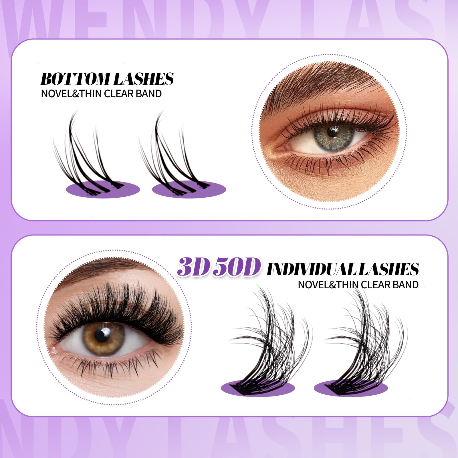 WENDY DIY Eyelash Extension Kit - 3D Volume 50D Cluster Lashes with Bottom Lashes, Bond & Seal, Professional Tweezers | Wispy Soft Individual Lashes for Beginners (10-16mm) | Perfect for Daily Wear, Special Occasions & Professional Makeup