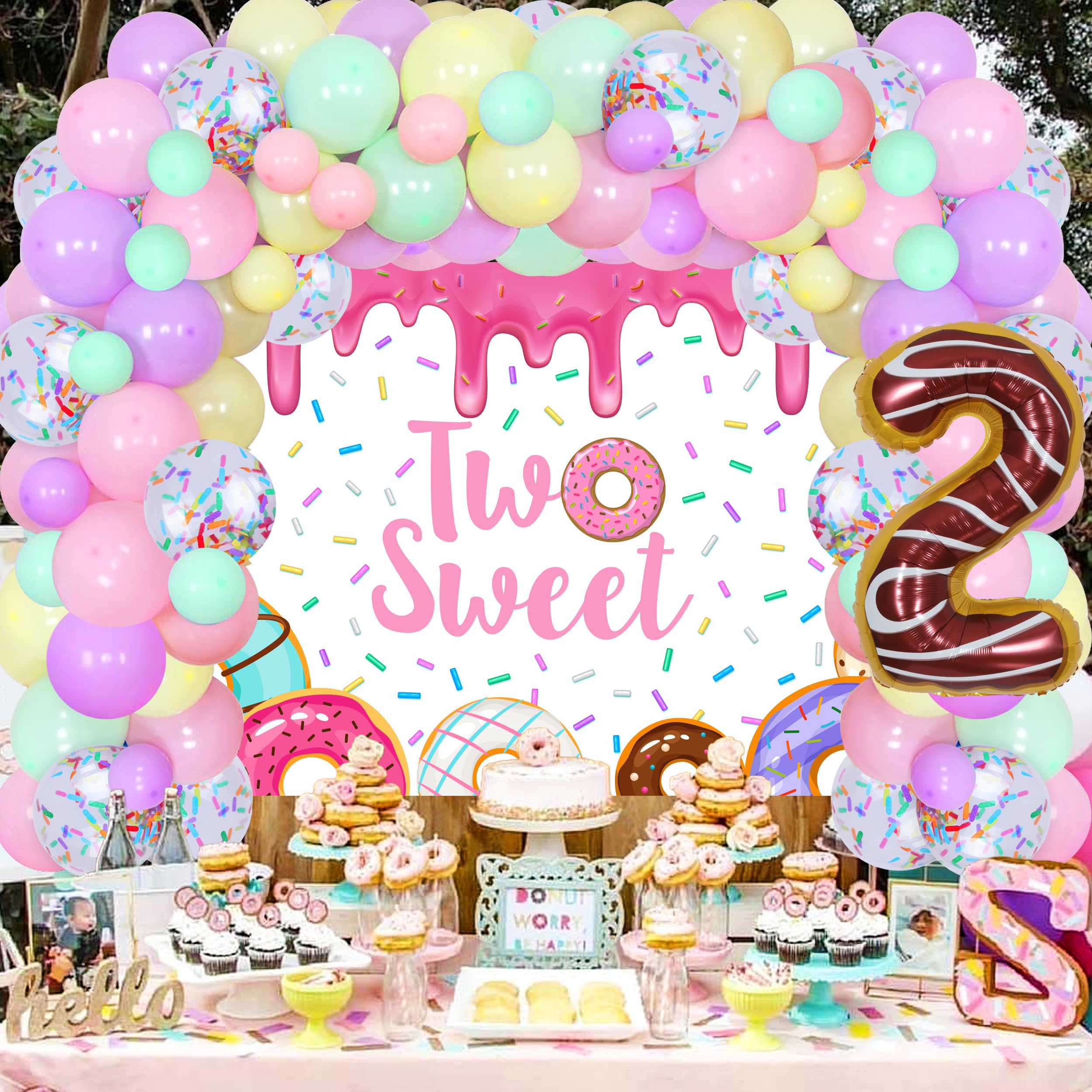 Donut Themed 2nd Birthday Party Decorations for Girls - Sweet Macaron Balloon Garland Kit with 5x3ft Backdrop & Number 2 Foil Balloon | Perfect for Baby Girl's Birthday, First Birthday, Donut Party & Photo Booth Decor