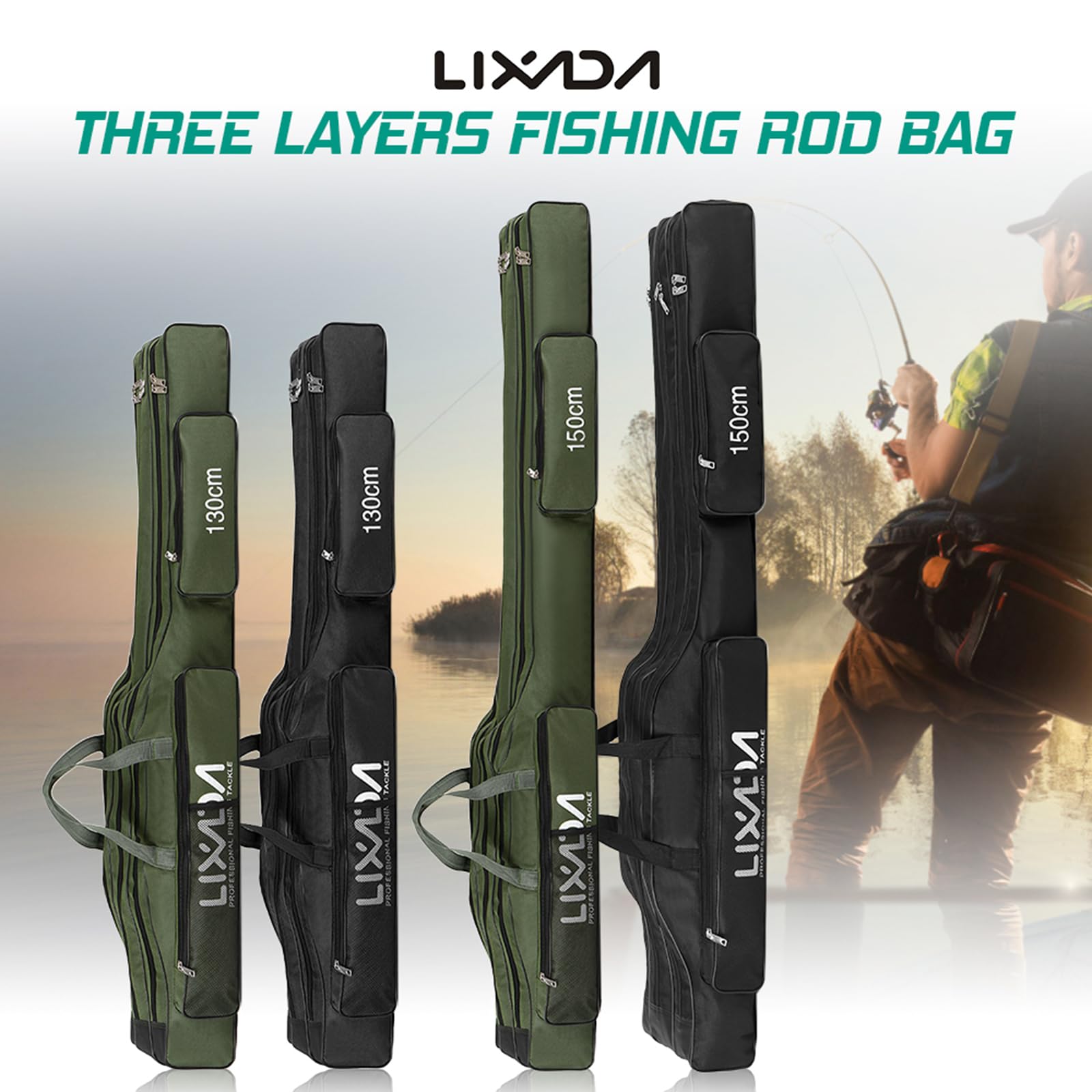 Lixada 3-Layer Oxford Fishing Rod Case - Portable Folding Fishing Bag for Rod, Reel & Tackle Storage (130cm/150cm) | Durable Travel Carrier for Freshwater & Saltwater Fishing Trips