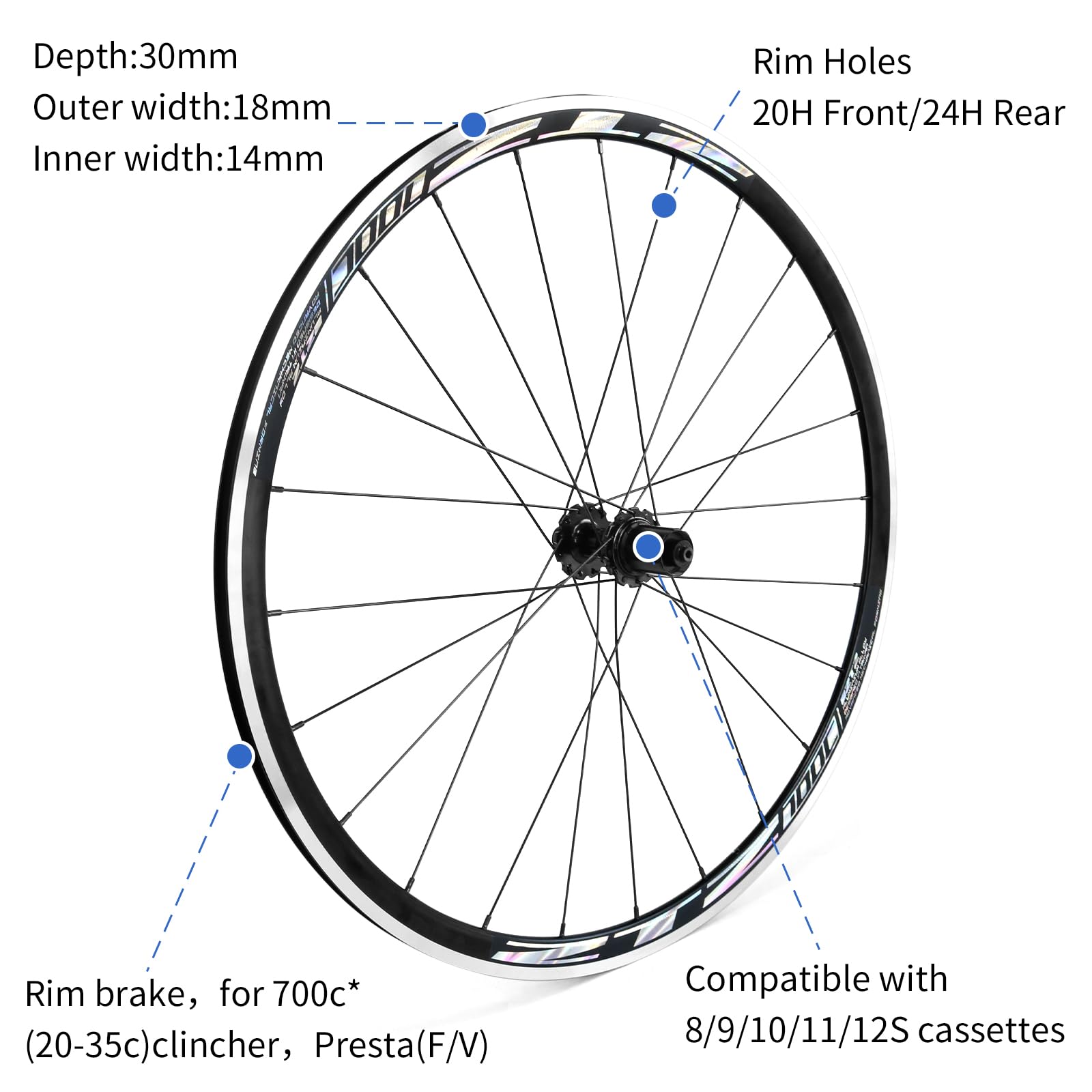 ZTZ 700C Road Bike Wheelset - Ultralight 30mm Aluminum Alloy Wheels, 20H Front/24H Rear High-Strength Rims, 700c Clincher for Rim Brake, Compatible with 8-12 Speed Cassettes - Perfect for Road Racing, Commuting & Endurance Cycling