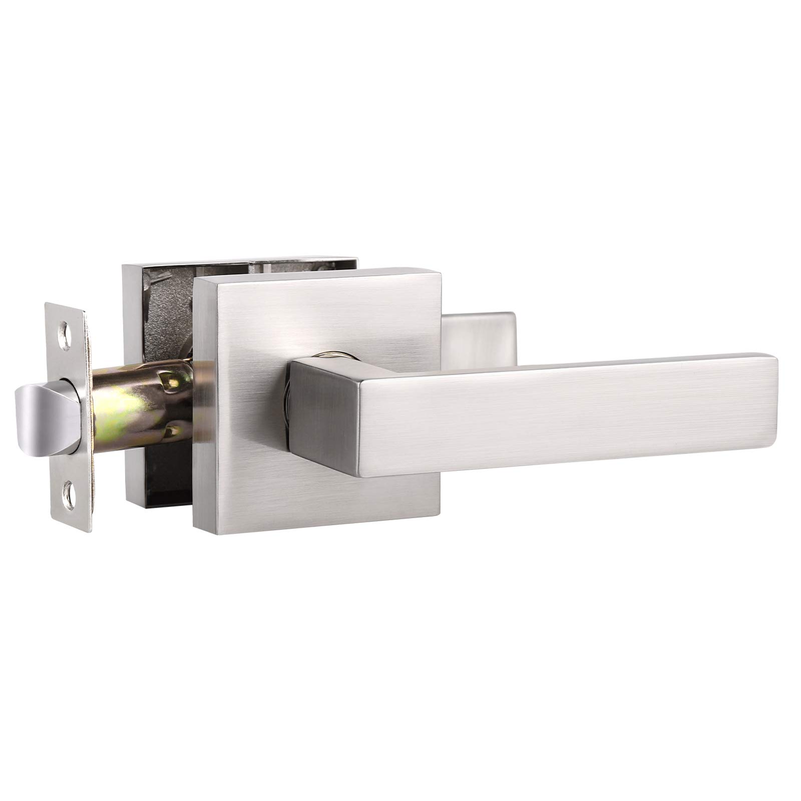 7 Pack Satin Nickel Door Knob Set - Keyless Square Reversible Passage Door Levers for Interior Doors | Perfect for Bedrooms, Bathrooms & Closets