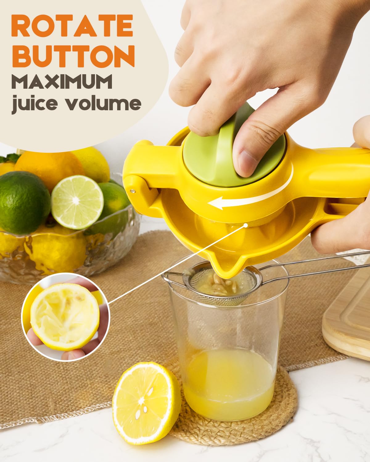 Premium Manual Lemon Squeezer - Heavy Duty Citrus Juicer with Rotating Hinge Blade & Leak-Proof Spoon for Maximum Juice Extraction - Yellow Kitchen Gadget for Cocktails, Lemonade & Cooking